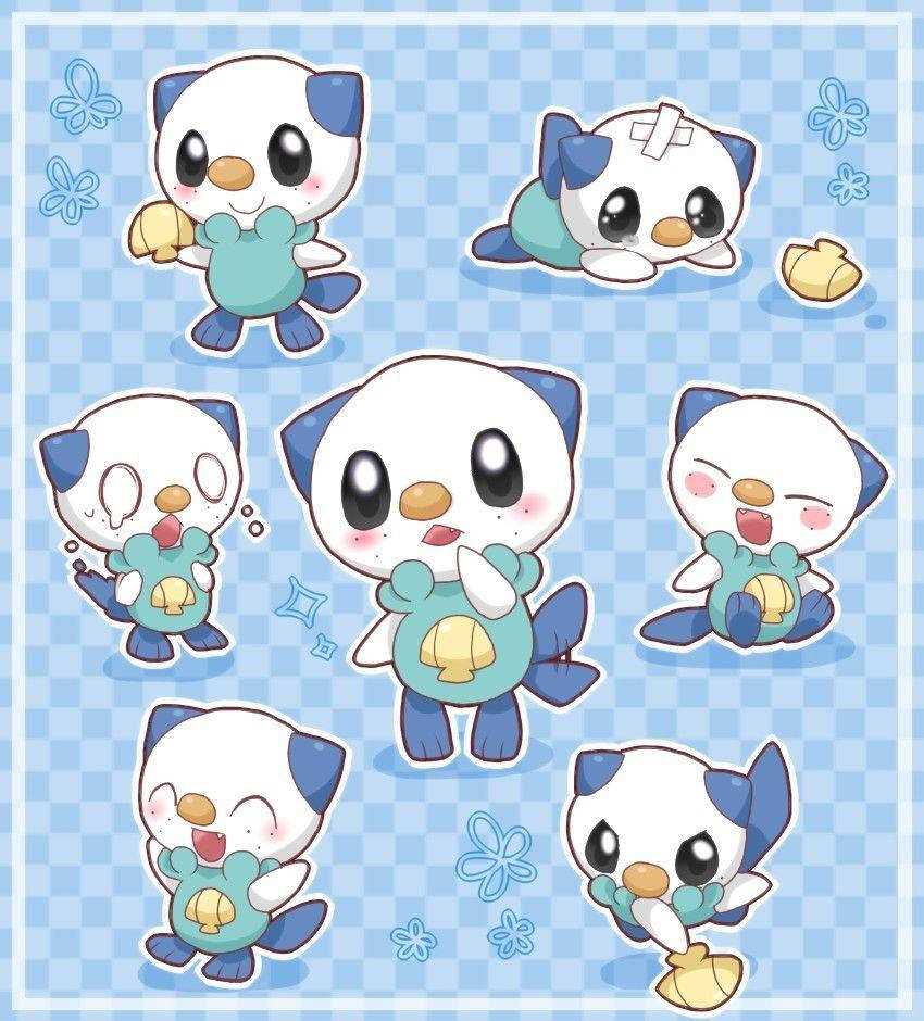 Oshawott, blue checkered background, floral accents, SD Phone Wallpaper