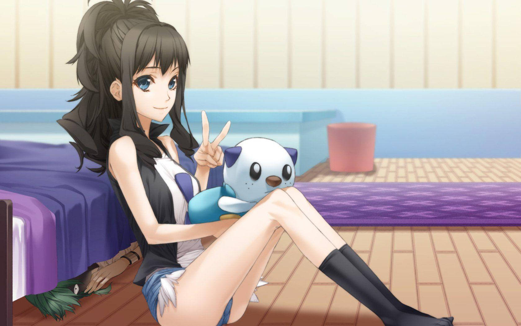 Oshawott, anime girl, dark hair, HD Desktop Wallpaper