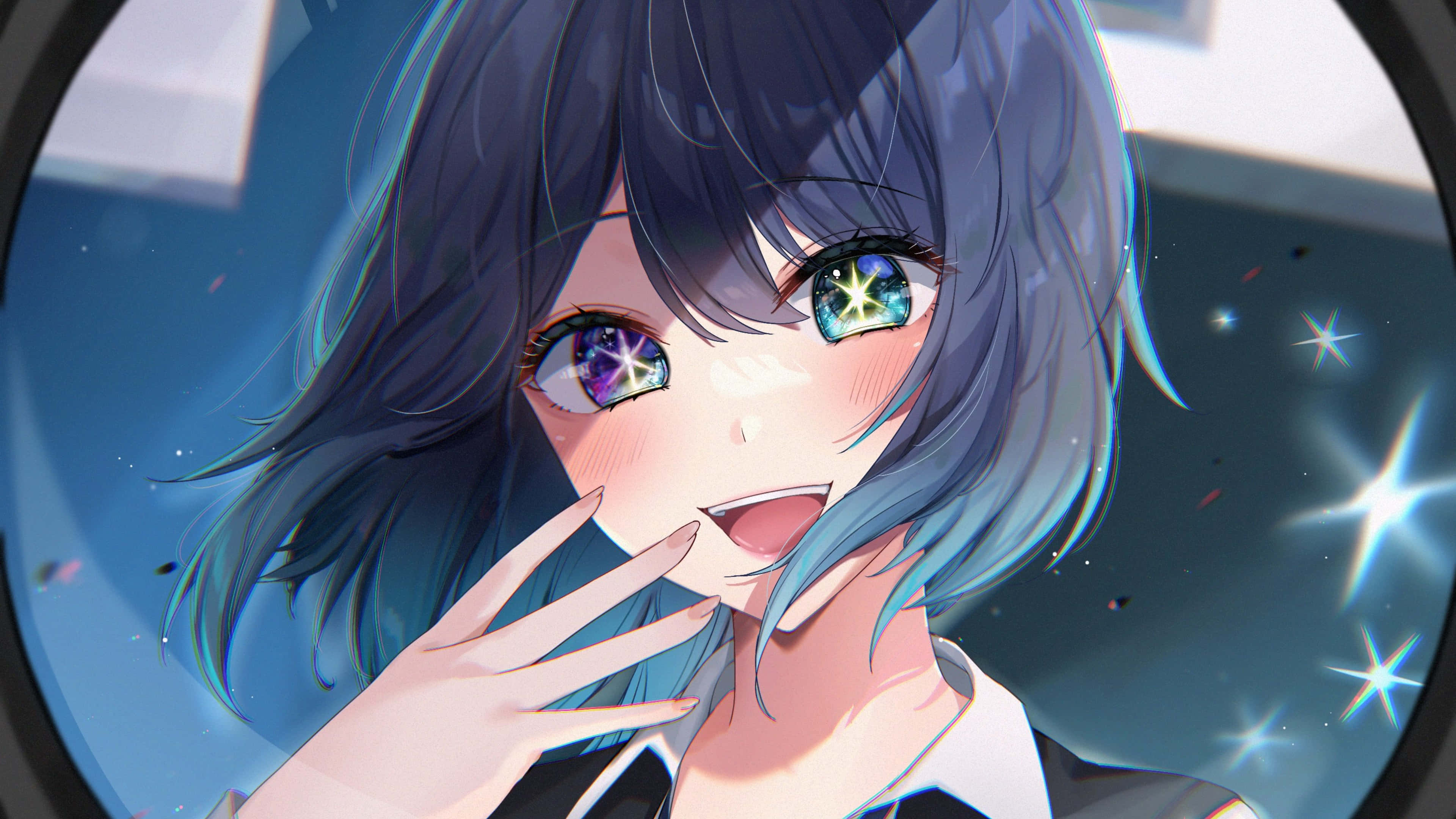 Oshi No Ko, blue-haired anime girl, sparkling galaxy eyes, 4K Desktop Wallpaper