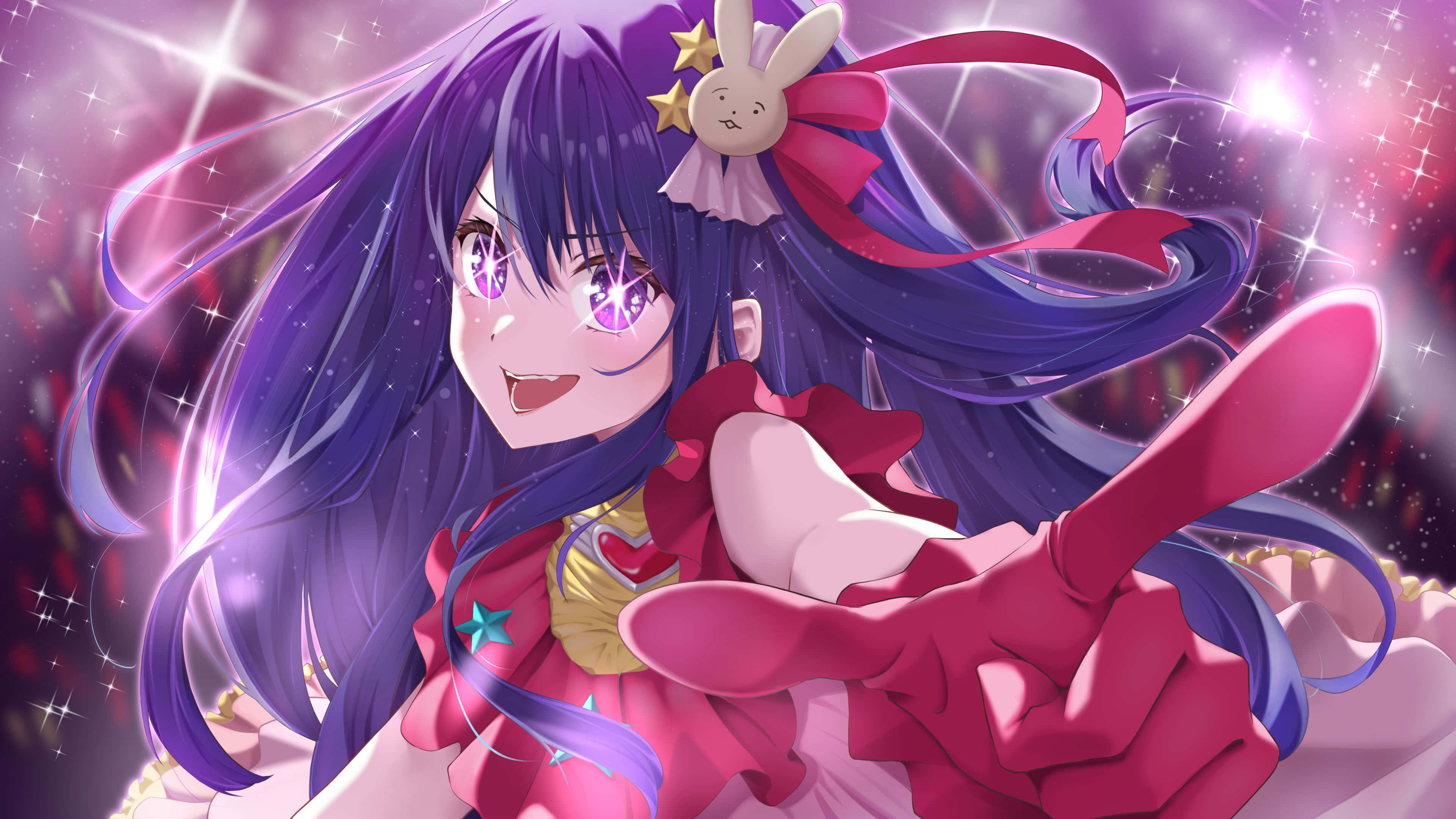 Oshi No Ko, long purple hair, glowing eyes, 4K Desktop Wallpaper
