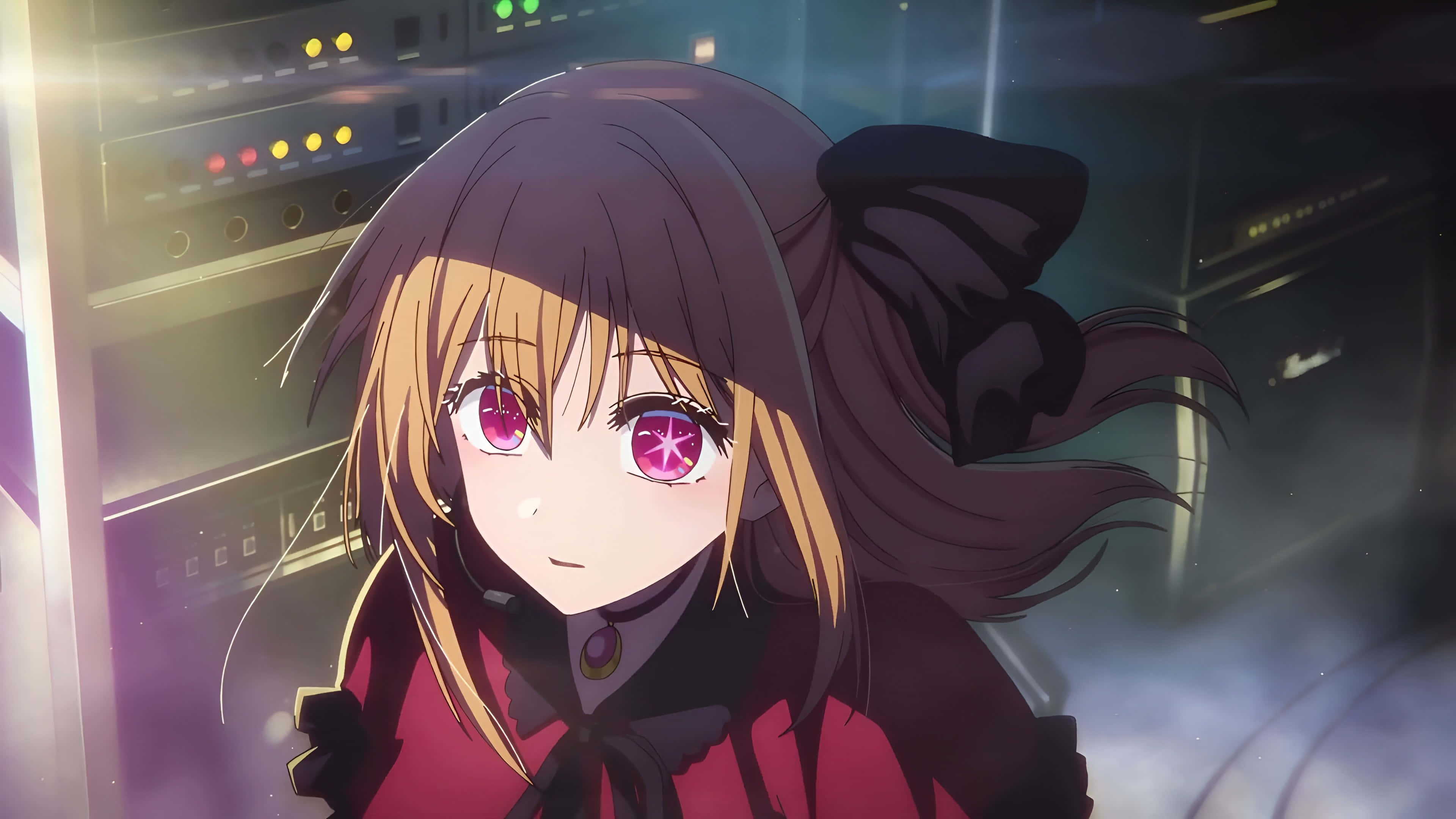 Oshi No Ko, glowing pink eyes, dark hair in a large bow, 4K Desktop Wallpaper