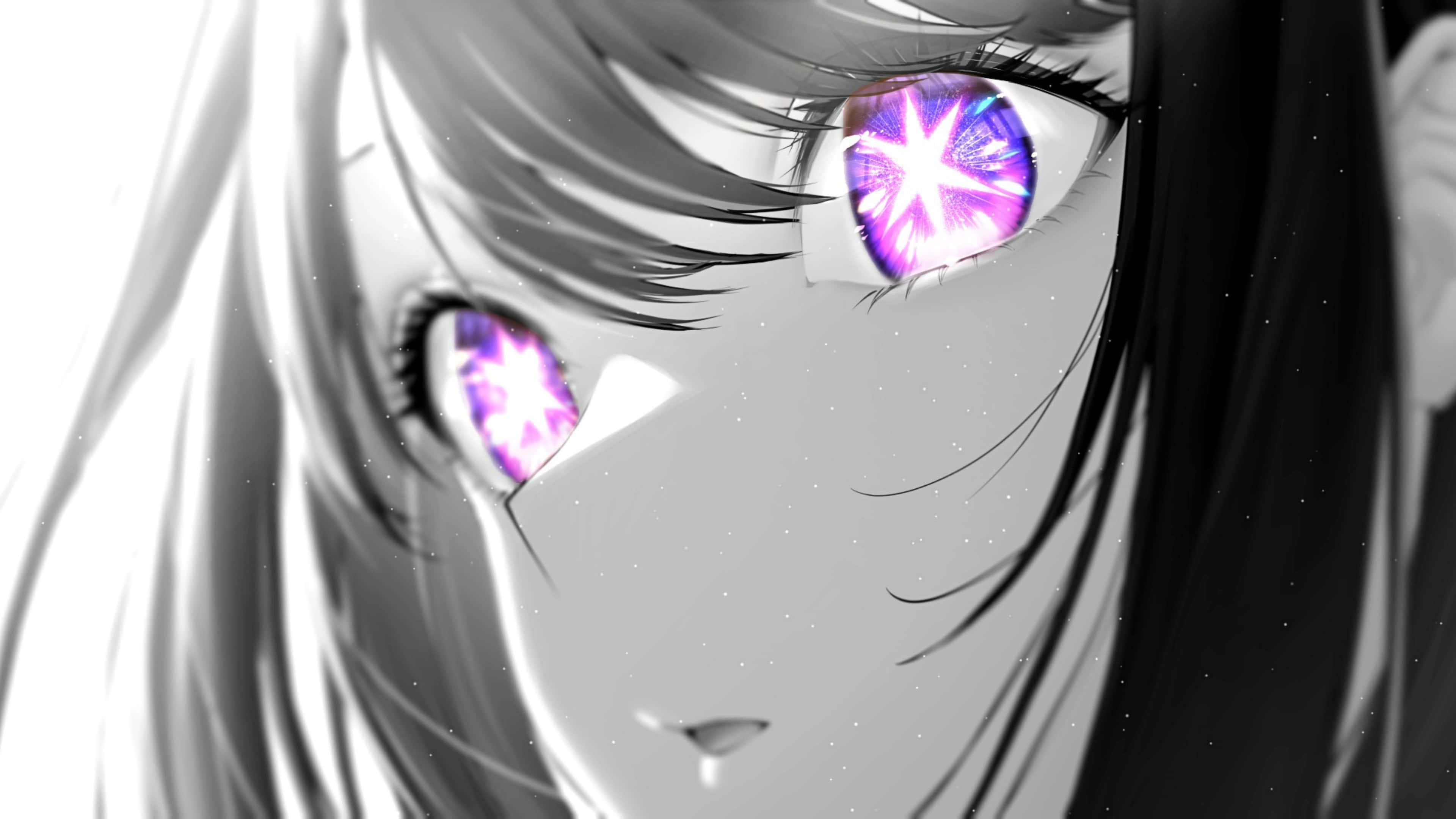 Oshi No Ko, glowing purple starburst eyes, anime girl's face, 4K Desktop Wallpaper