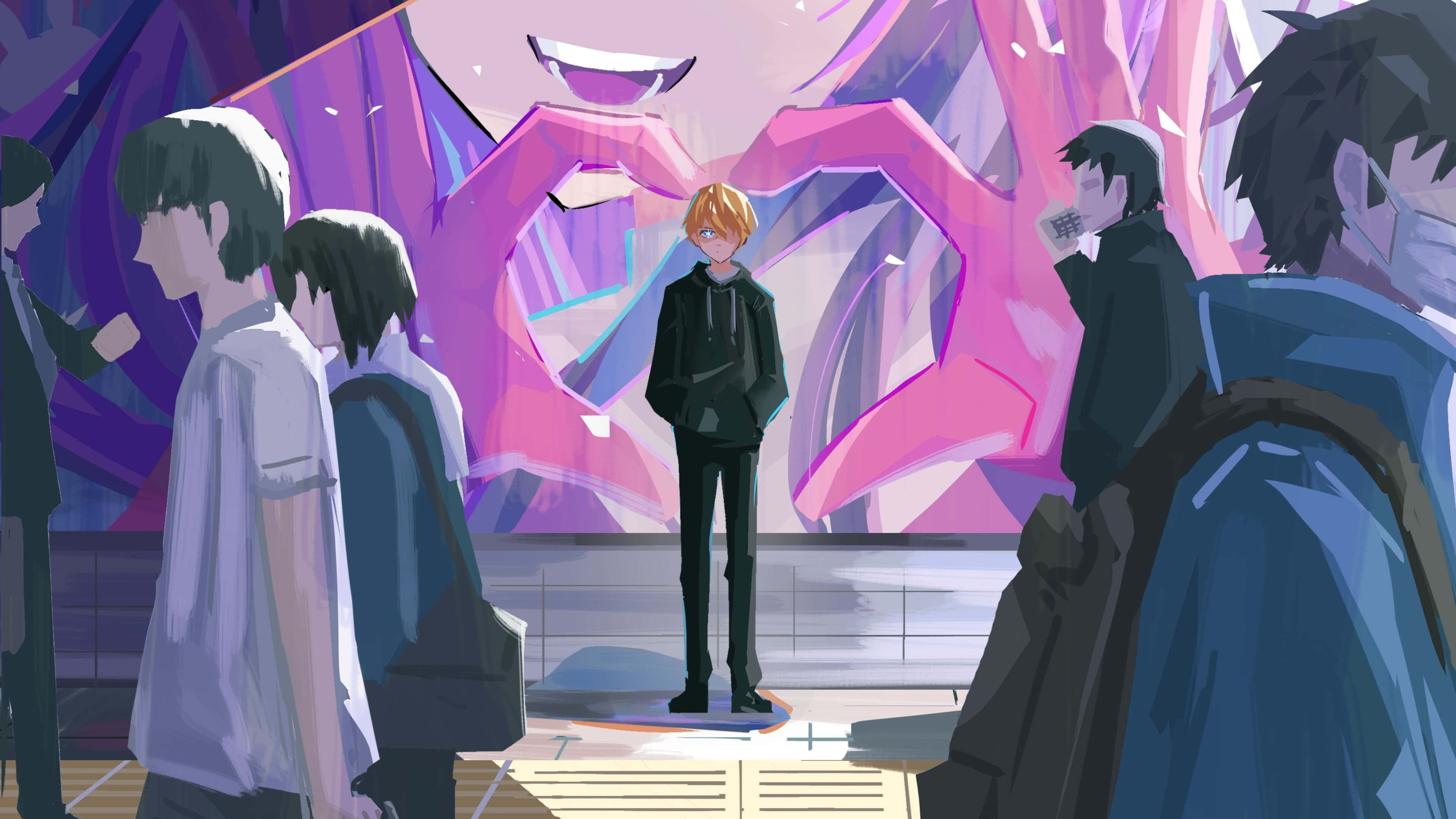 Oshi No Ko, orange-haired anime boy, glowing pink and purple crystalline structure, 4K Desktop Wallpaper
