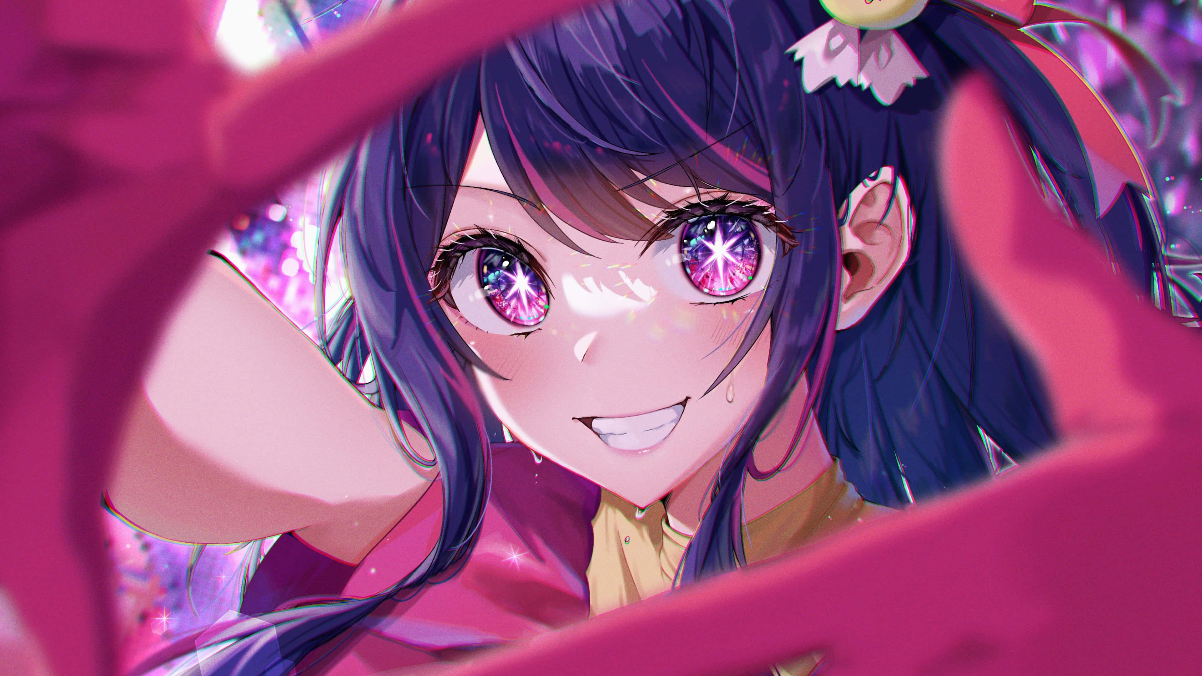 Oshi No Ko, glowing purple eyes, dark blue hair, 4K Desktop Wallpaper