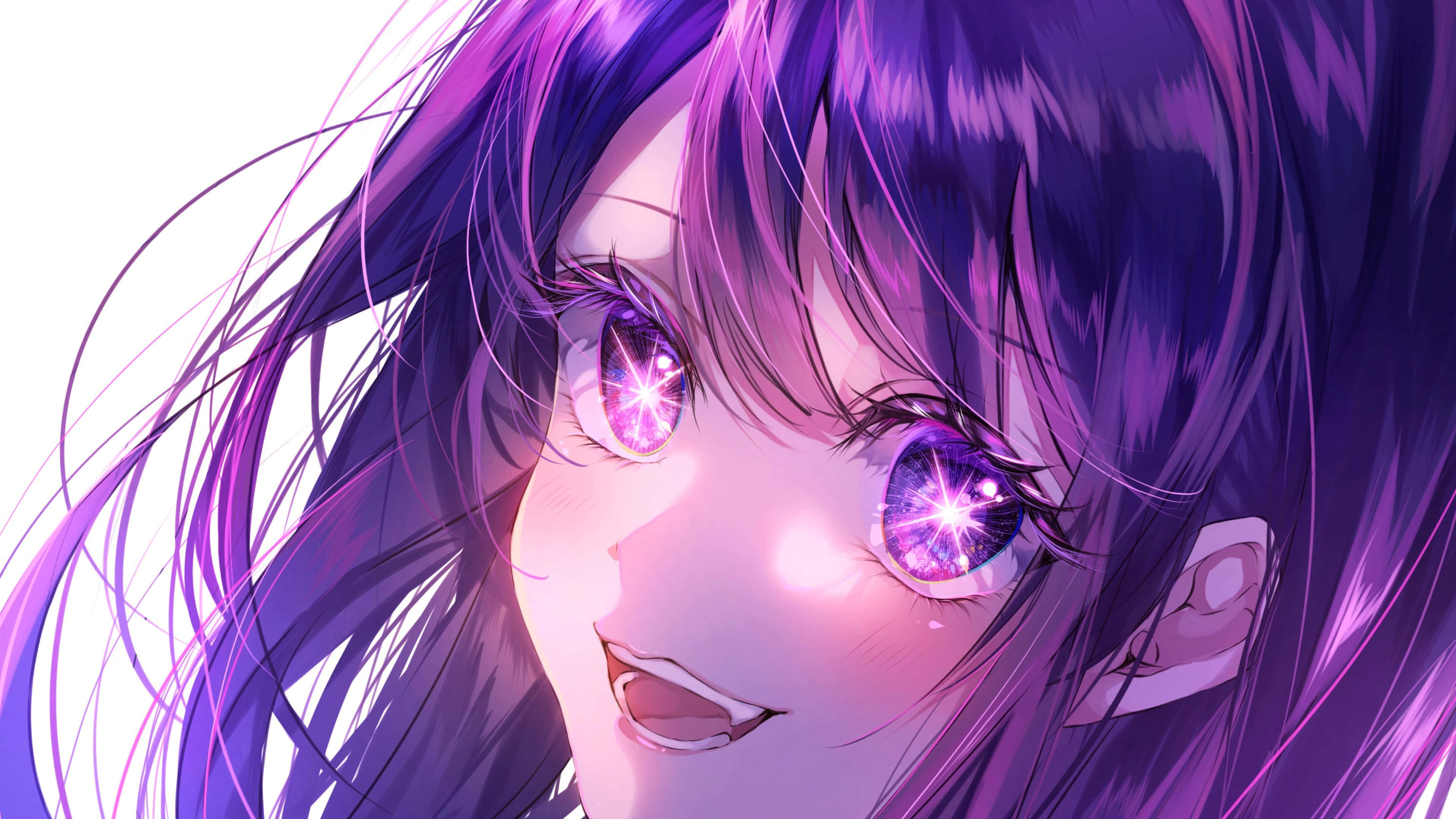 Oshi No Ko, glowing purple eyes, flowing purple hair, 4K Desktop Wallpaper