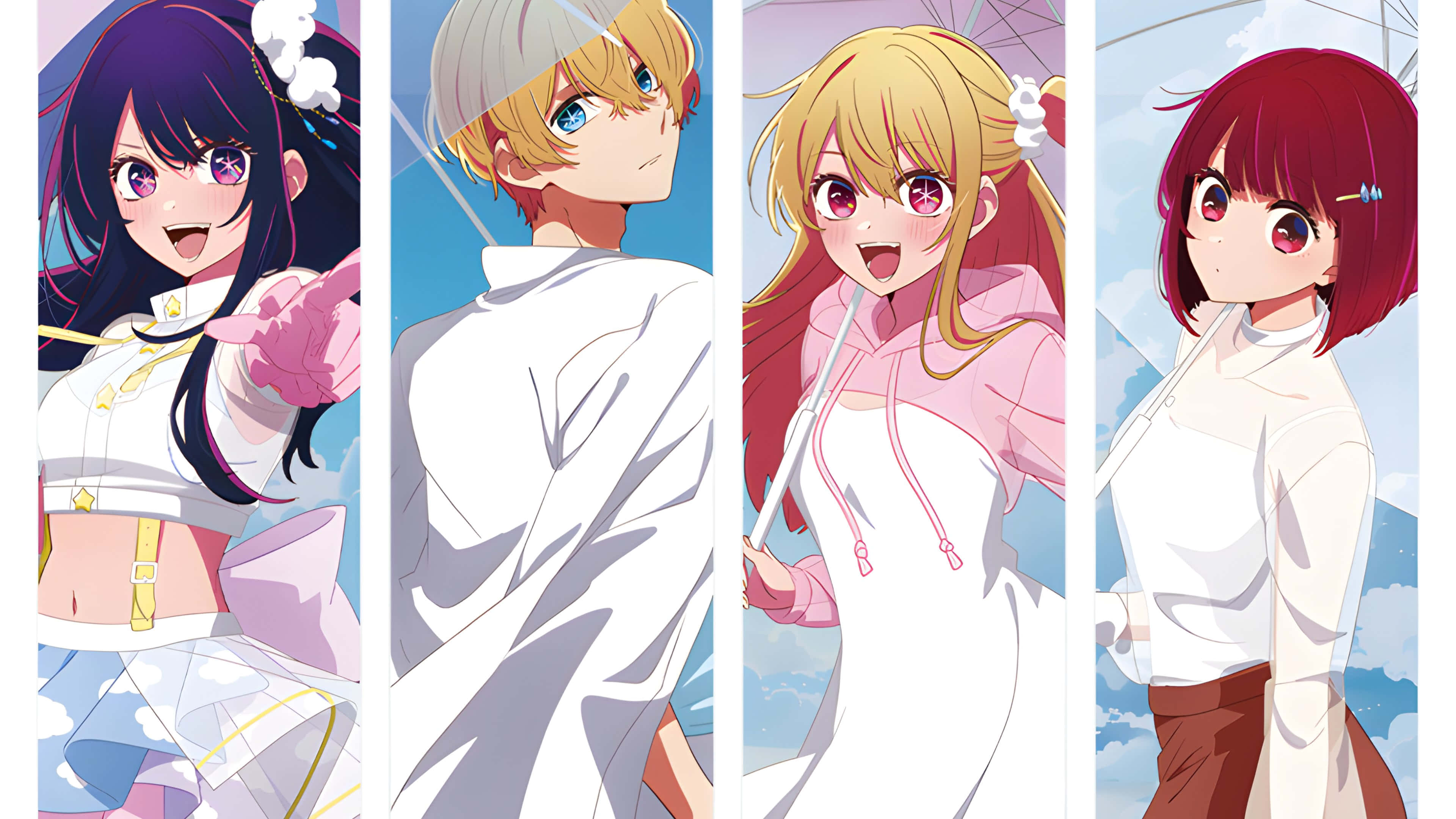 Oshi No Ko, white outfits, bright blue sky, 4K Desktop Wallpaper