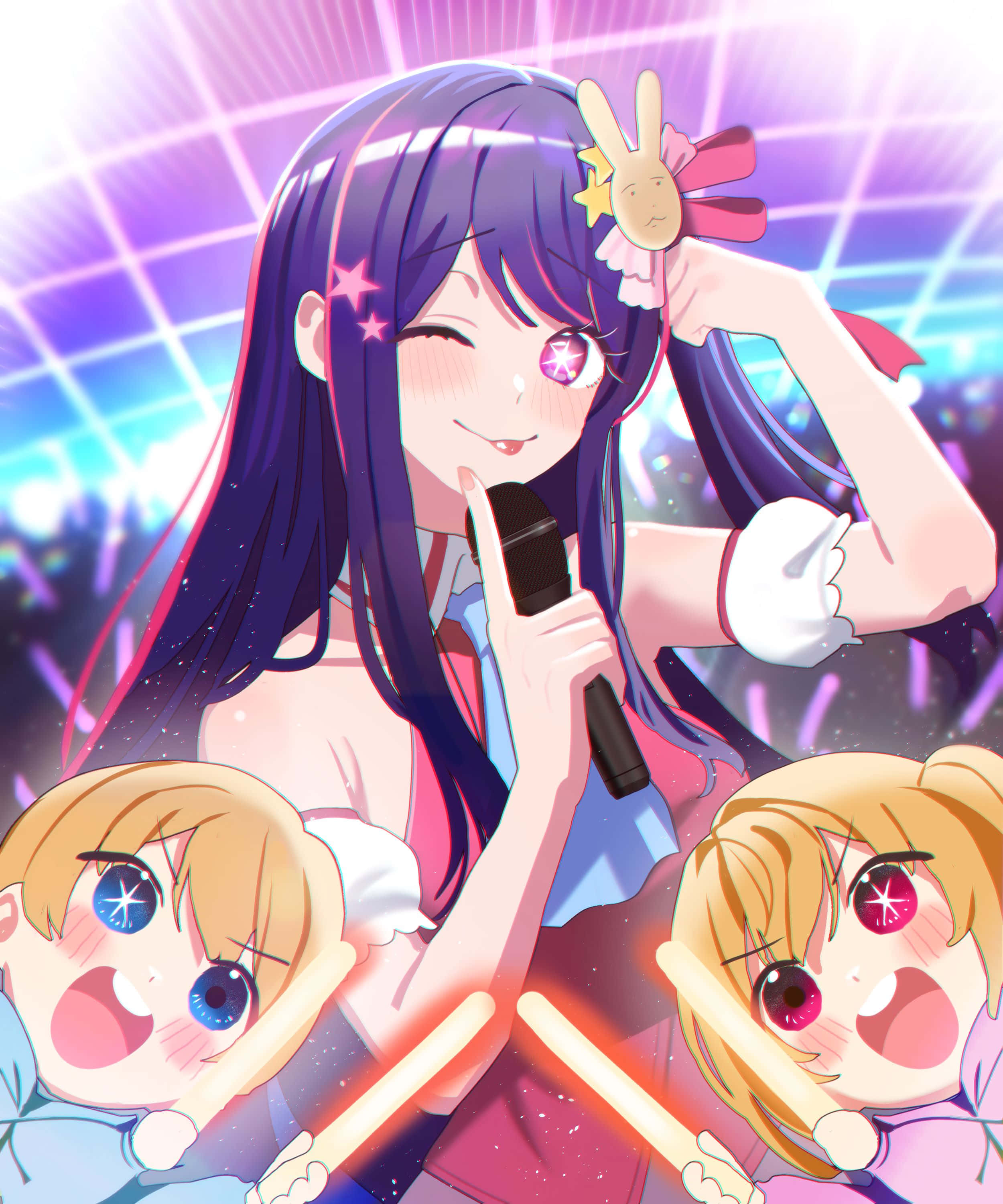 Oshi No Ko, purple hair, neon lights, 2K Phone Wallpaper