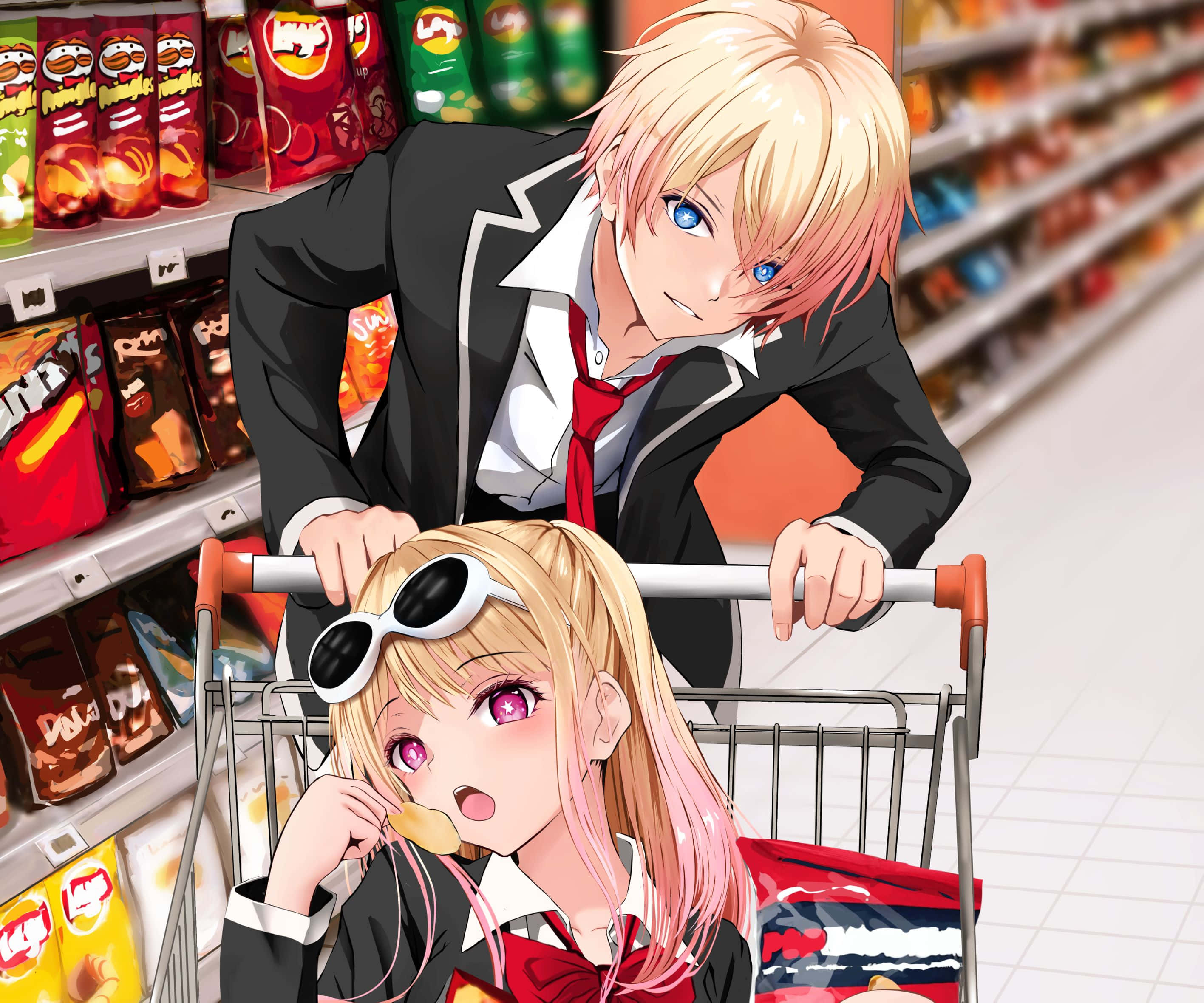 Oshi No Ko, supermarket aisle, school uniforms, 2K Desktop Wallpaper