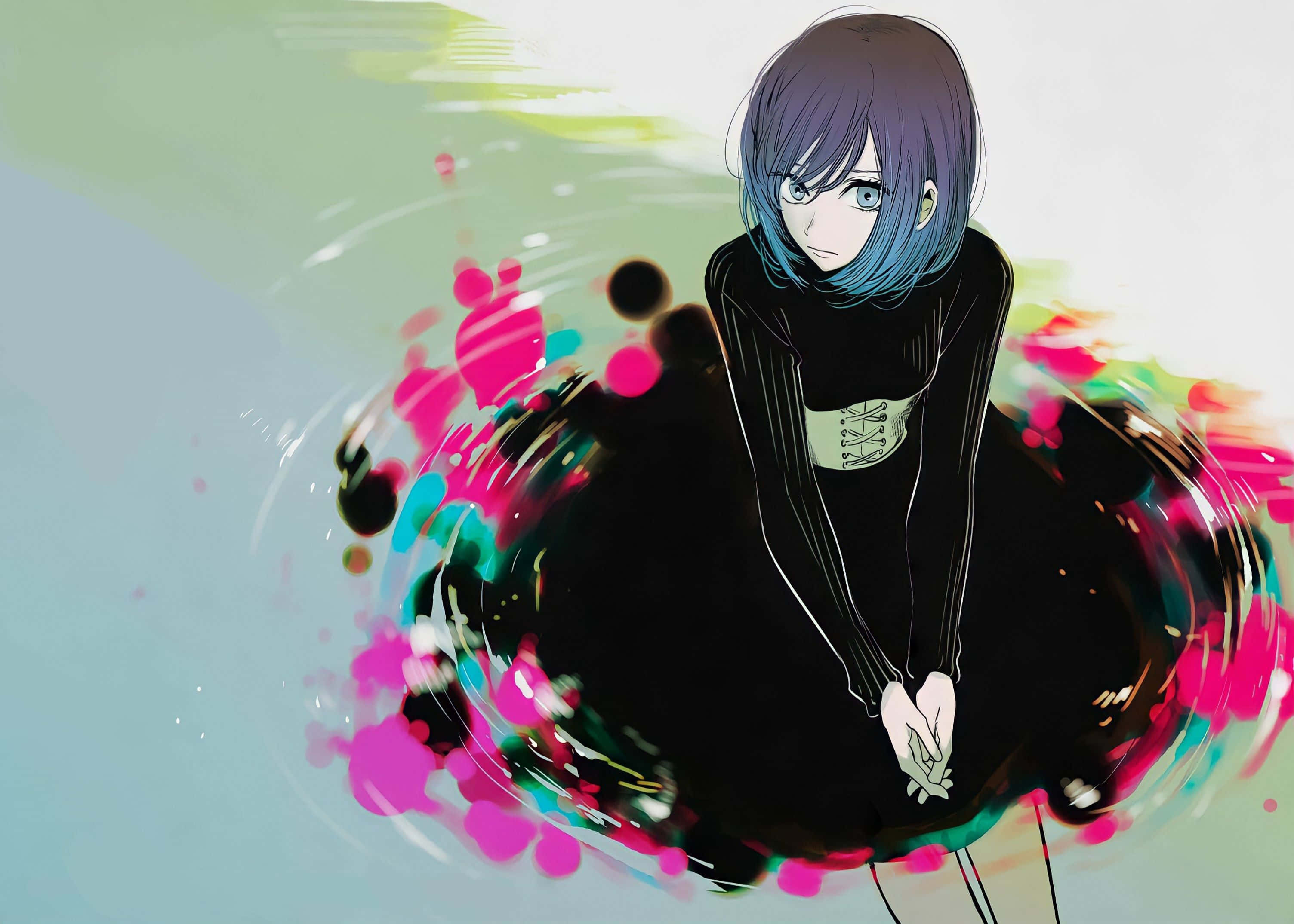 Oshi No Ko, blue hair, vibrant paint splatters, 2K Desktop Wallpaper