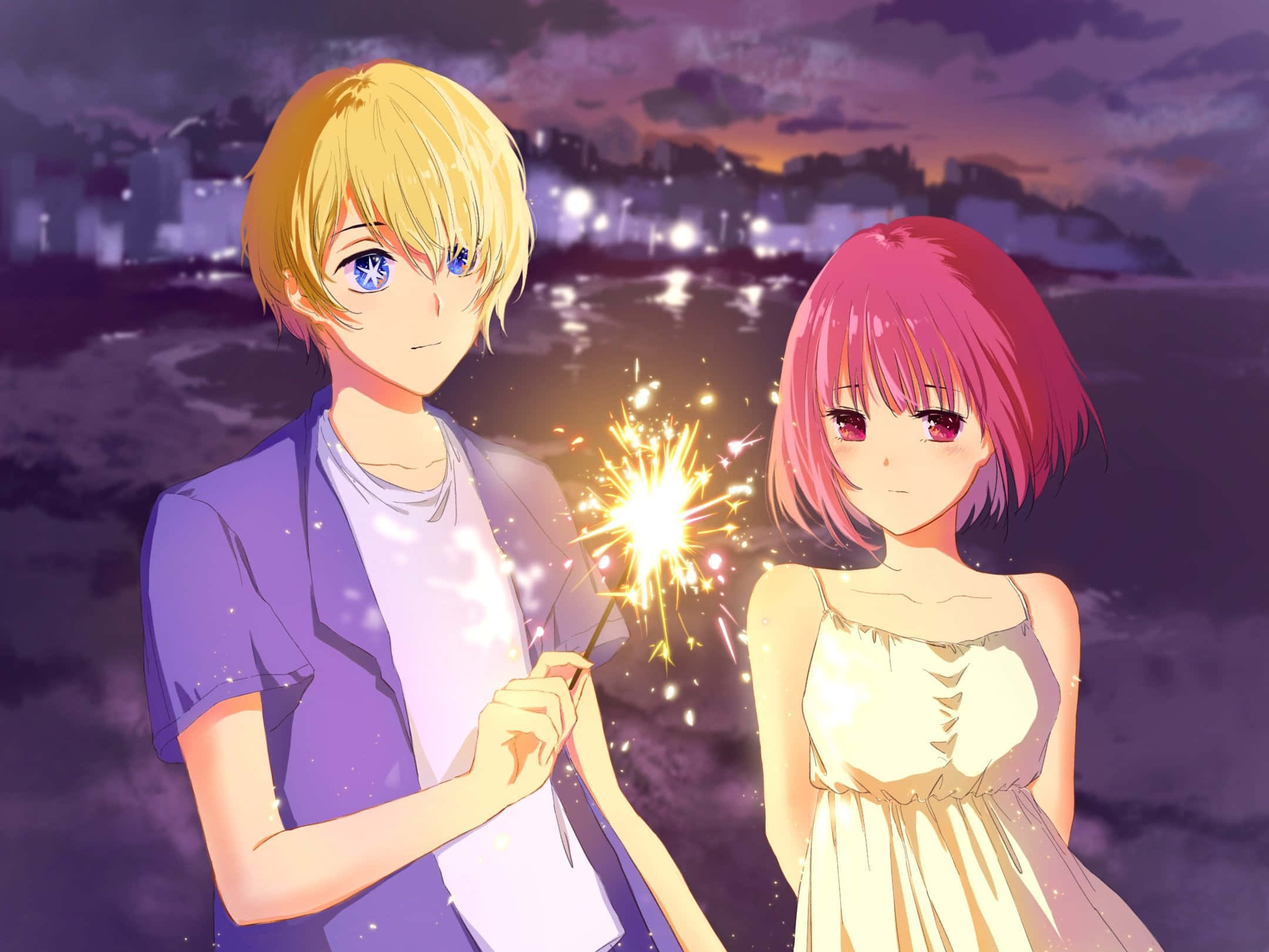 Oshi No Ko, blonde and pink-haired anime couple, sparkling firework, Full HD Desktop Wallpaper