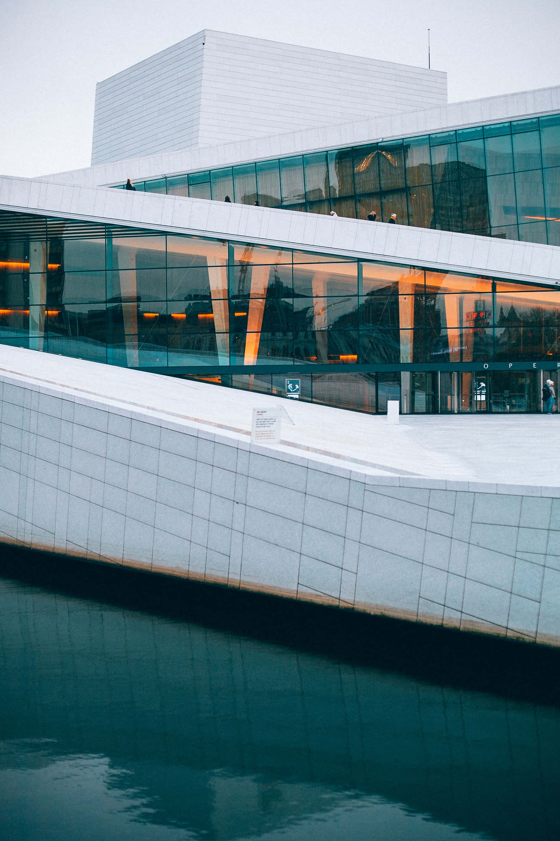 Oslo Opera House, white tiled walls, glass facade, 2K Phone Wallpaper