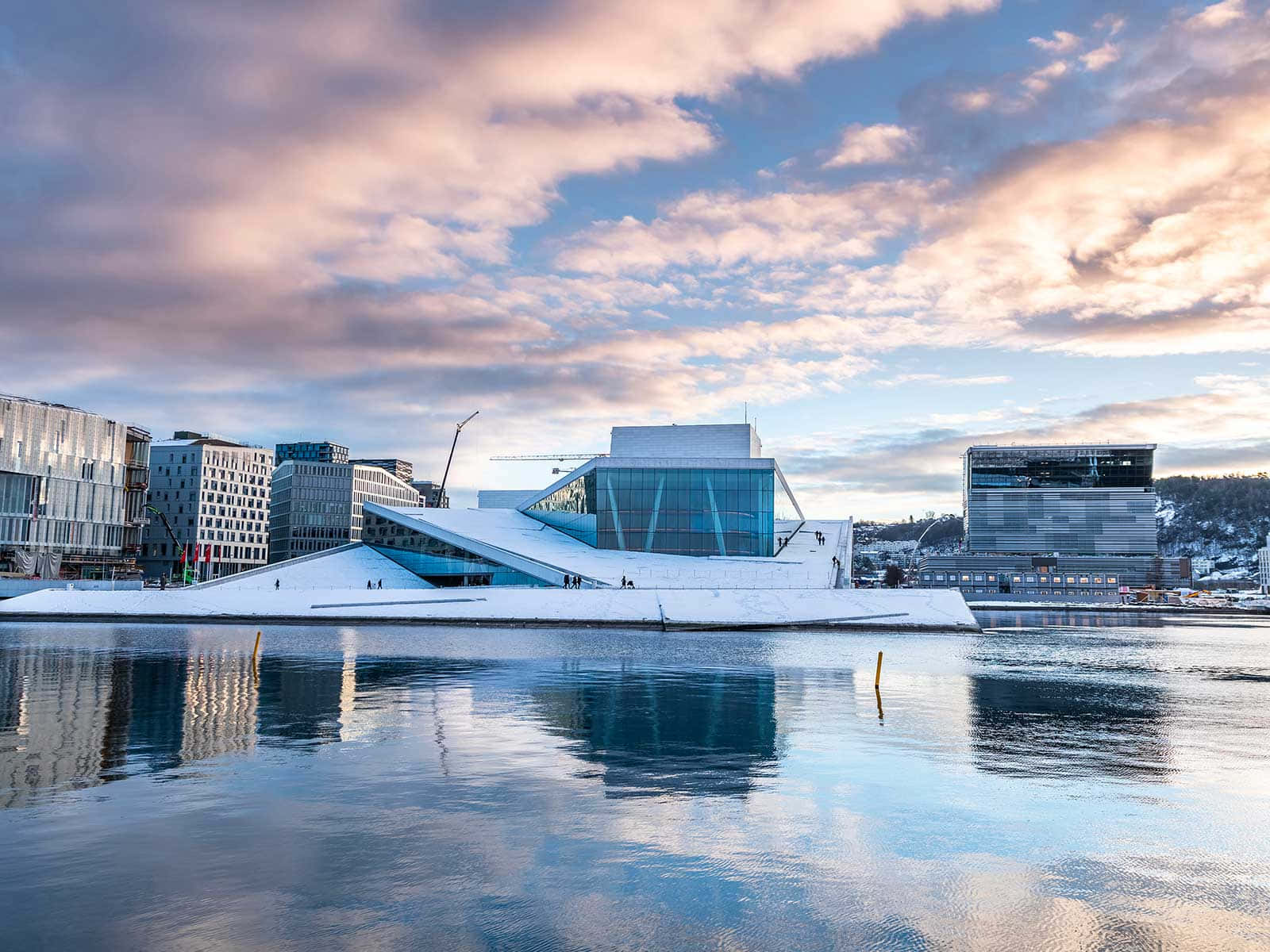 Oslo Opera House, snow-covered roof, calm waters, HD Desktop Wallpaper