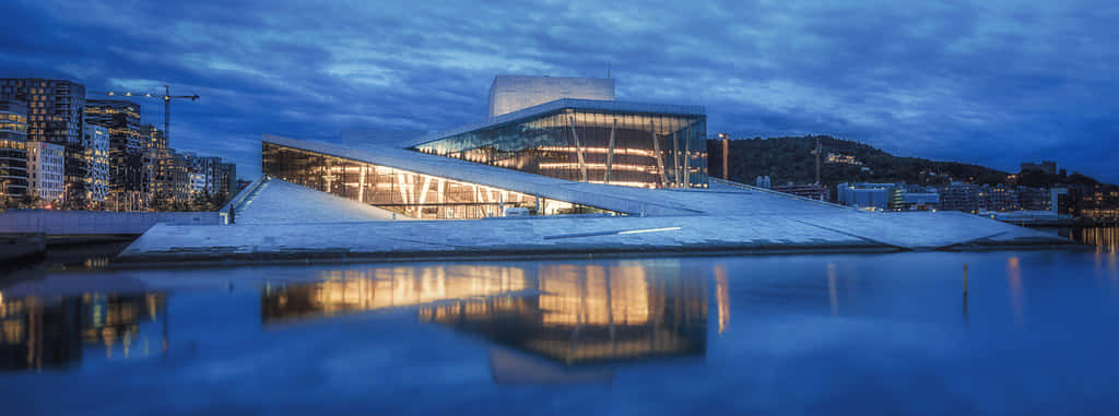 Oslo Opera House, twilight sky, calm waters, SD Desktop Wallpaper