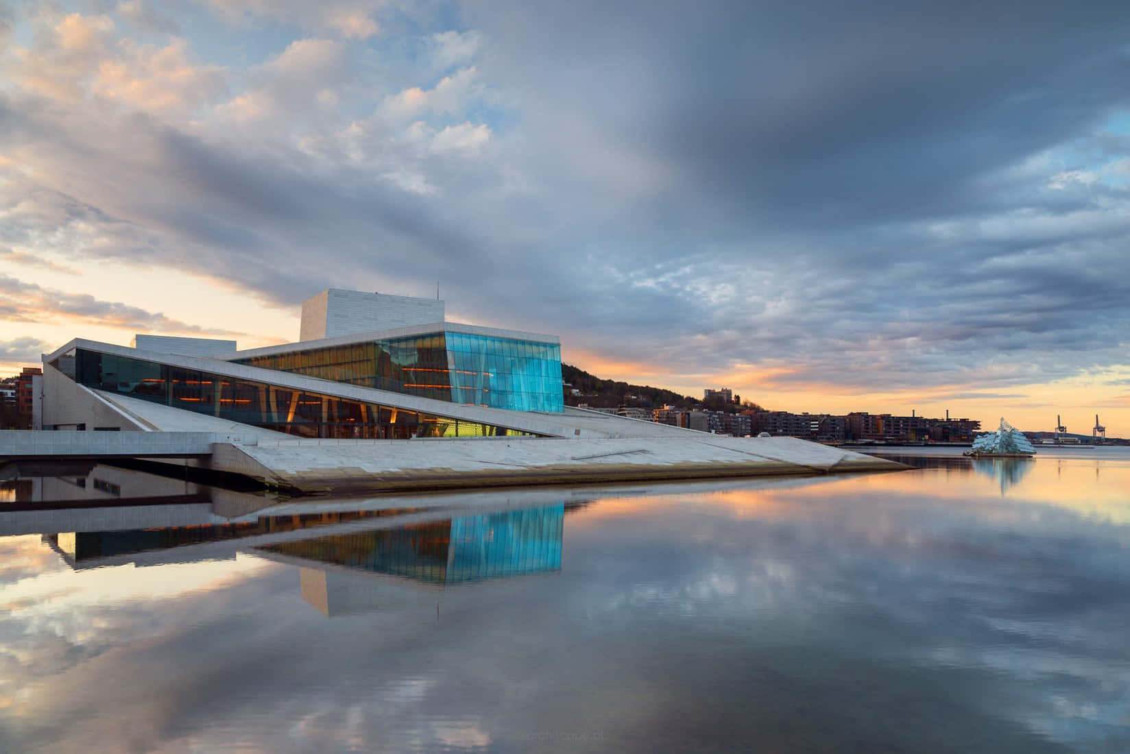 Oslo Opera House, glass facade, calm water, HD Desktop Wallpaper
