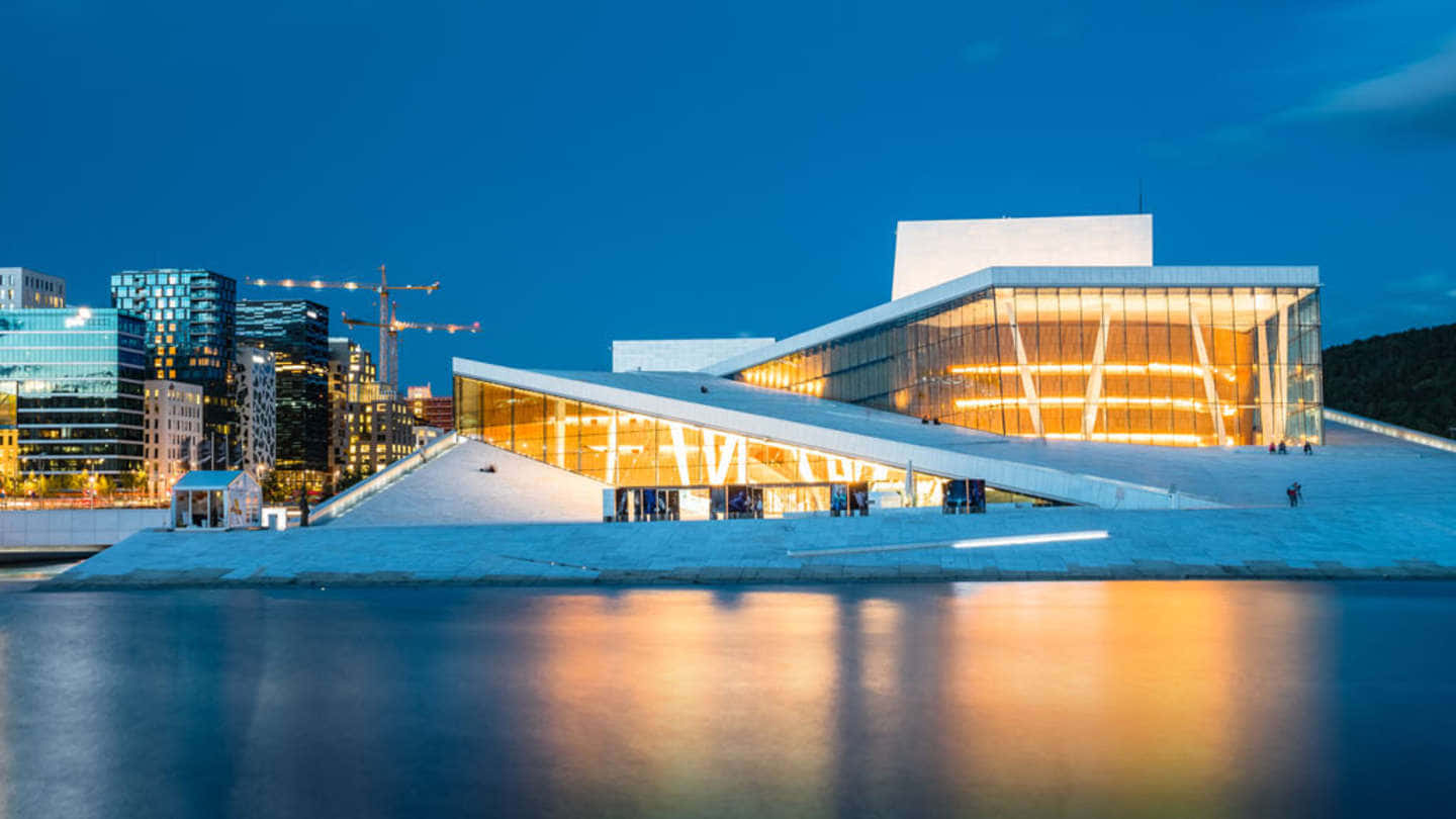Oslo Opera House, yellow lights, glowing warm lights, HD Desktop Wallpaper