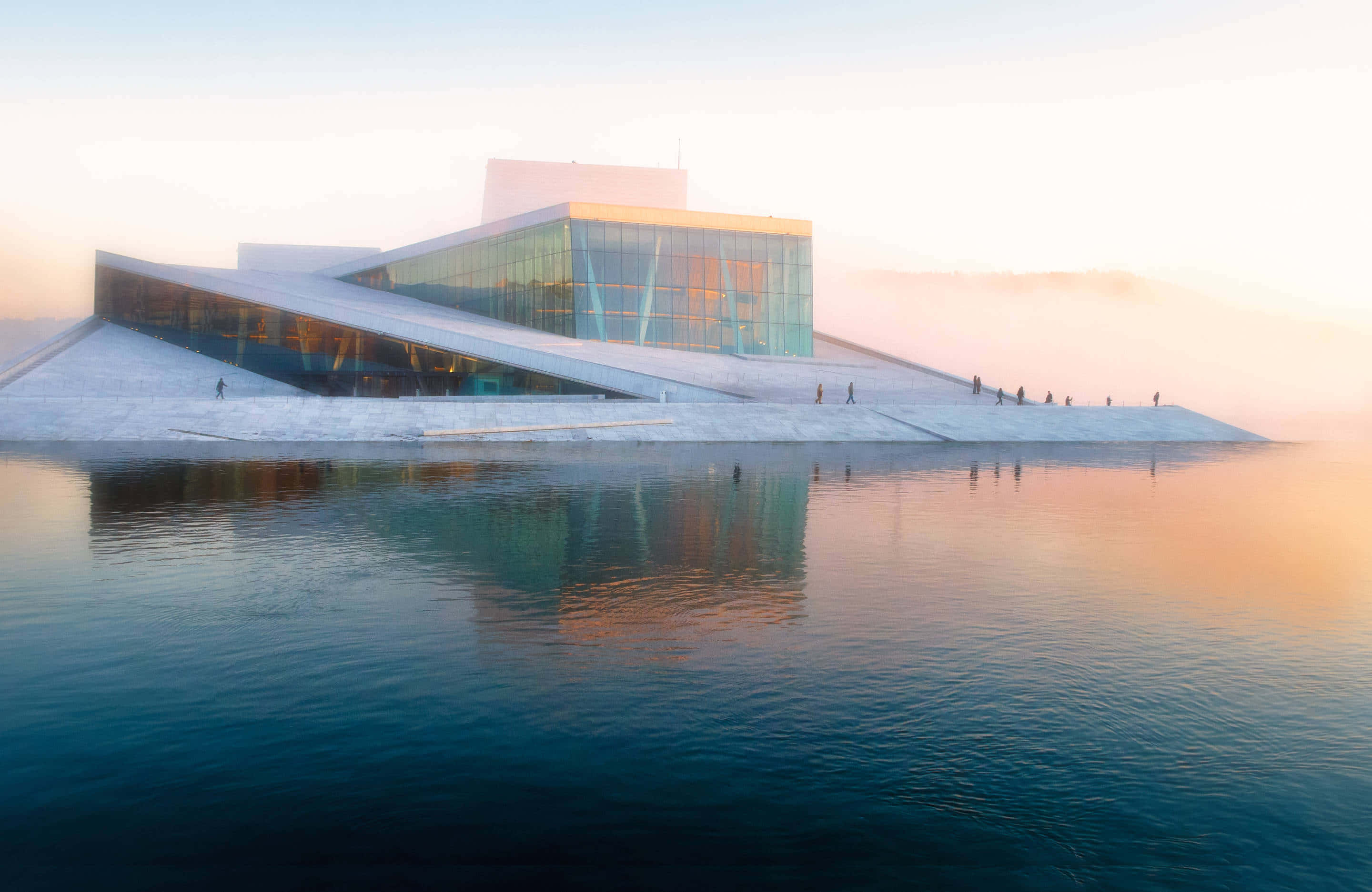 Oslo Opera House, foggy, sunrise, 2K Desktop Wallpaper