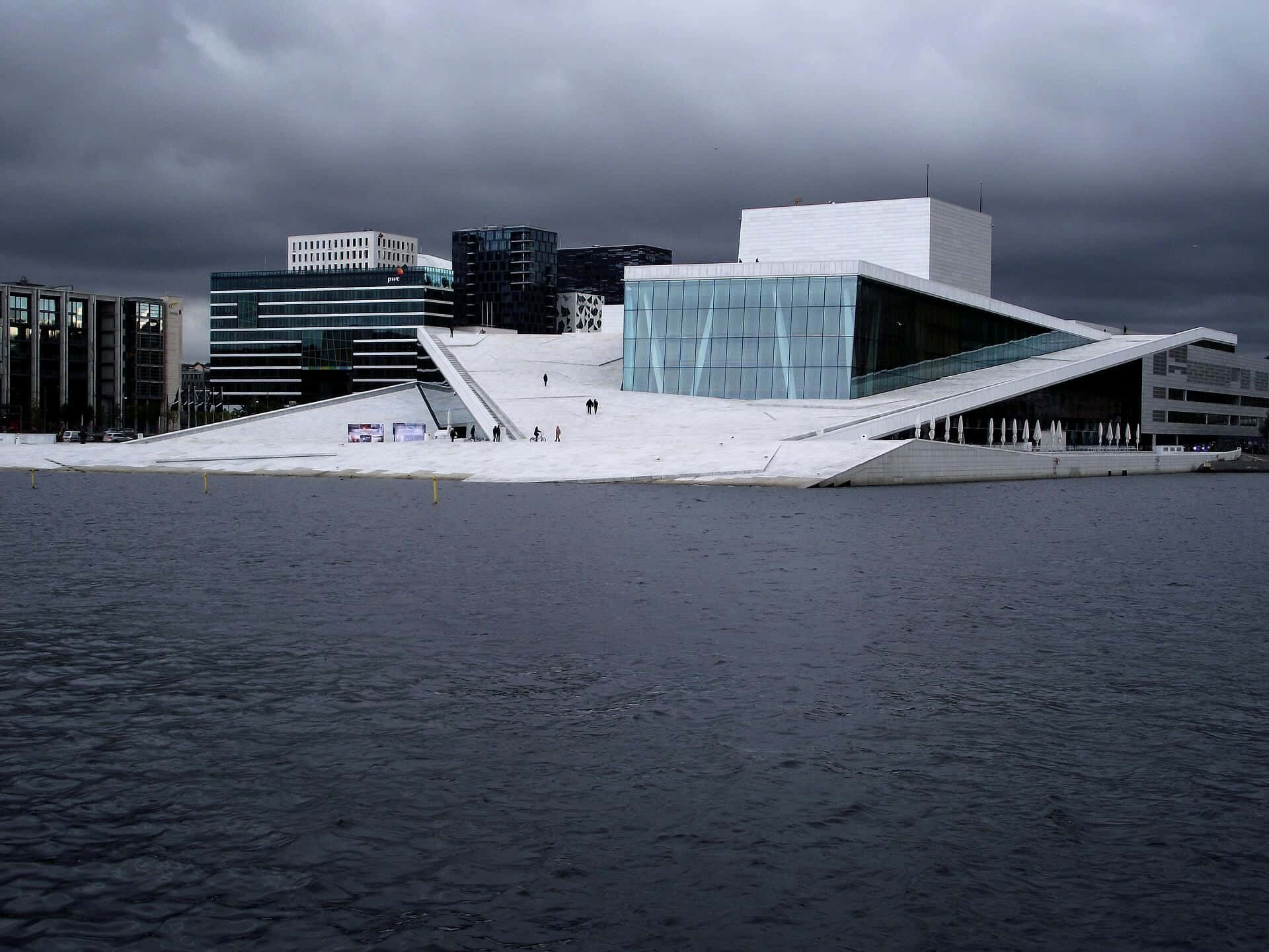 Oslo Opera House, dark water, heavy gray sky, Full HD Desktop Wallpaper