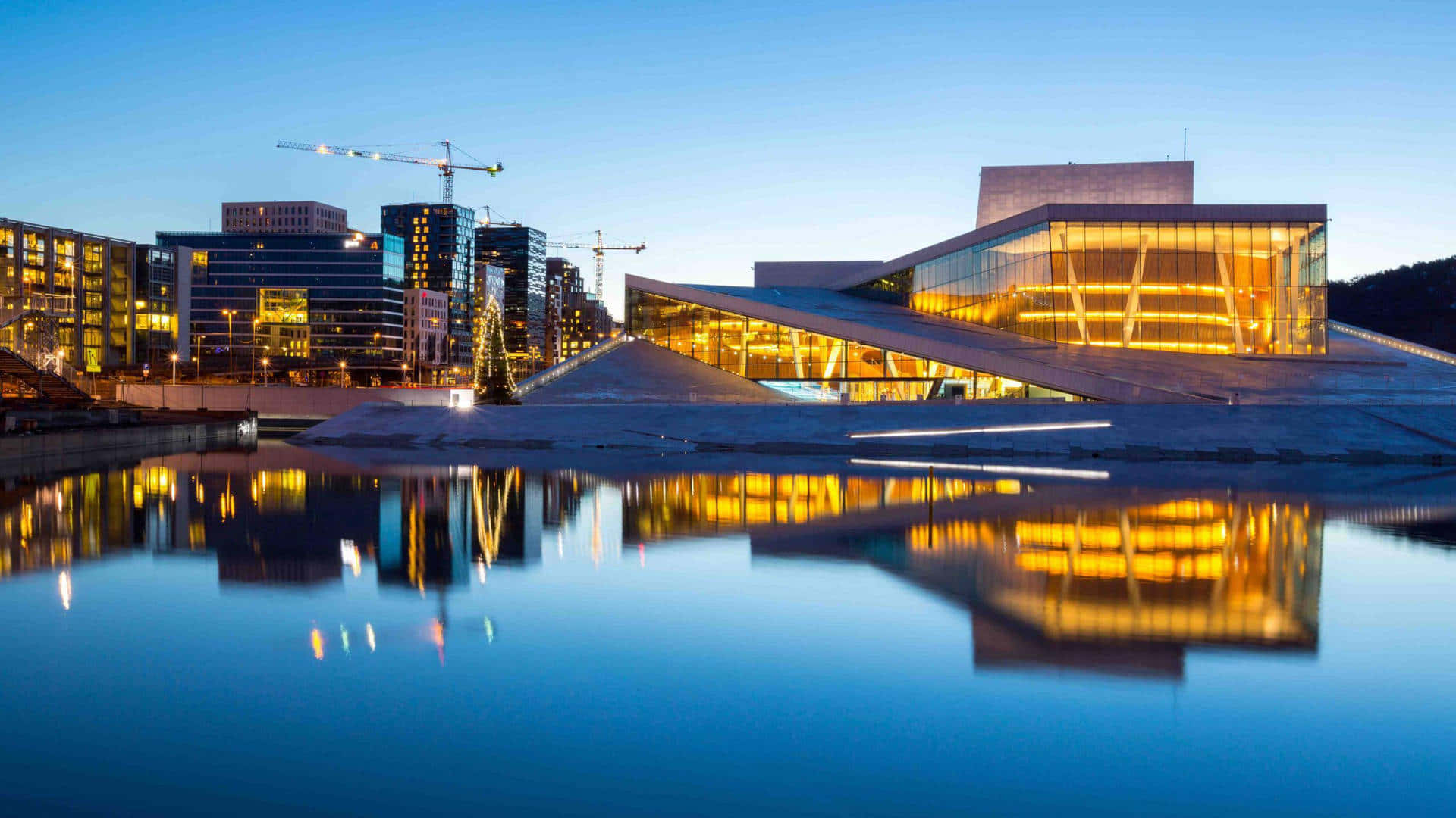 Oslo Opera House, dusk, glass facade, Full HD Desktop Wallpaper