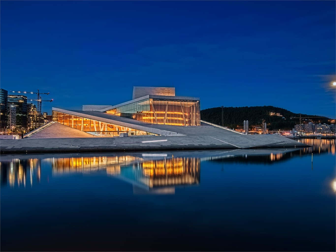 Oslo Opera House, glowing windows, calm water, HD Desktop Wallpaper