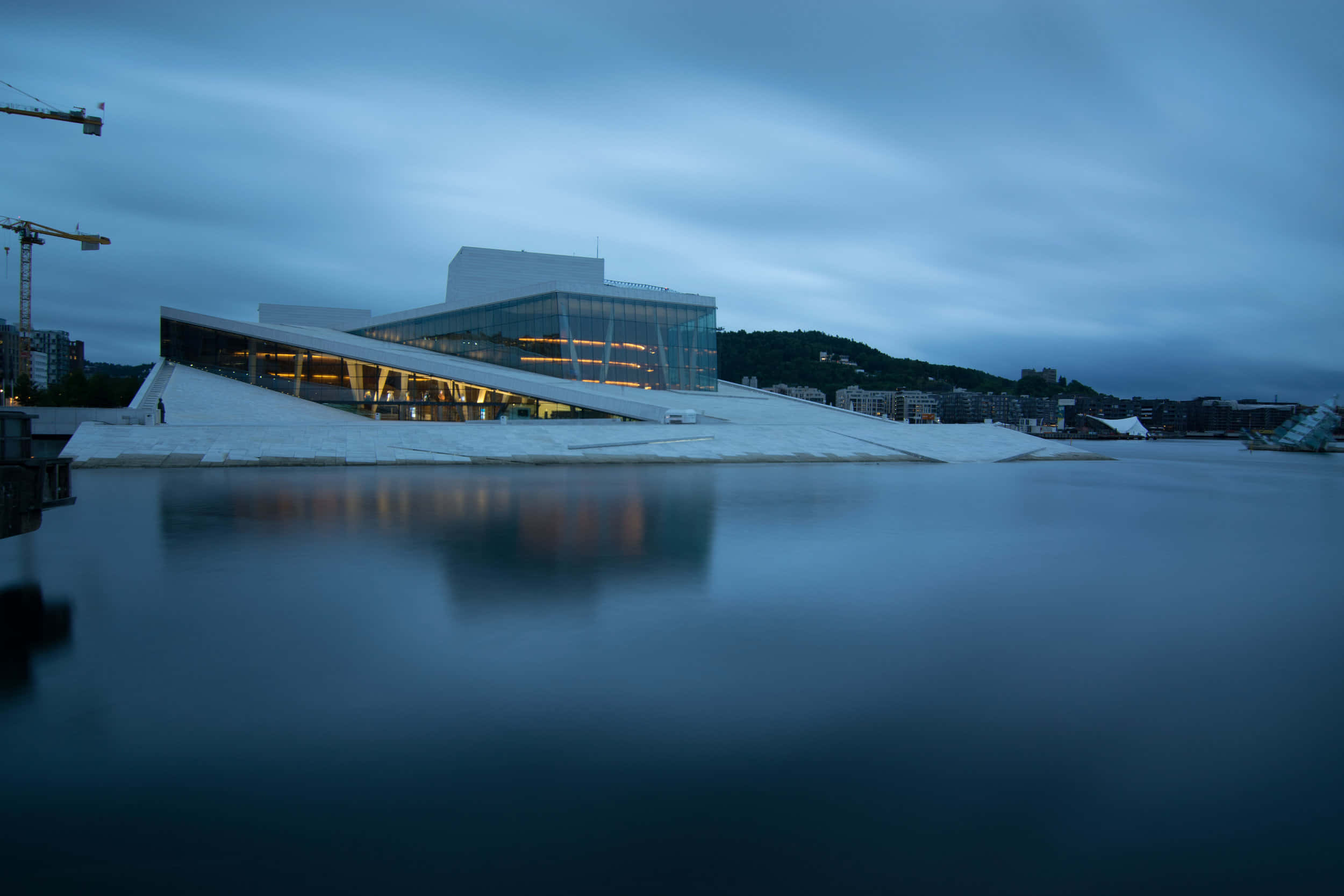 Oslo Opera House, glass walls, warm interior lights, Full HD Desktop Wallpaper