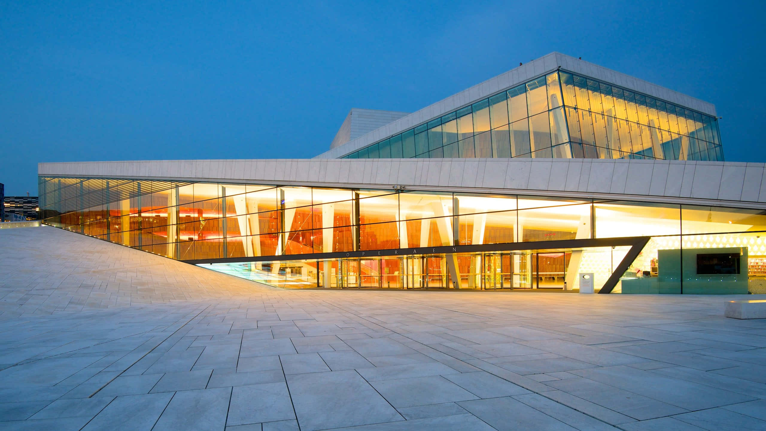 Oslo Opera House, lights at night, glass and steel, 2K Desktop Wallpaper