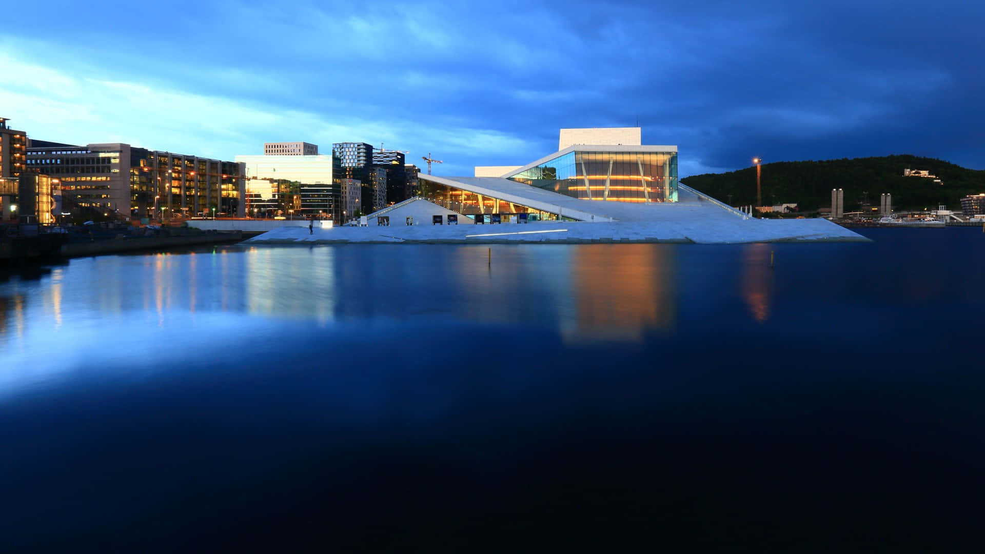 Oslo Opera House, dark water, dusk, Full HD Desktop Wallpaper