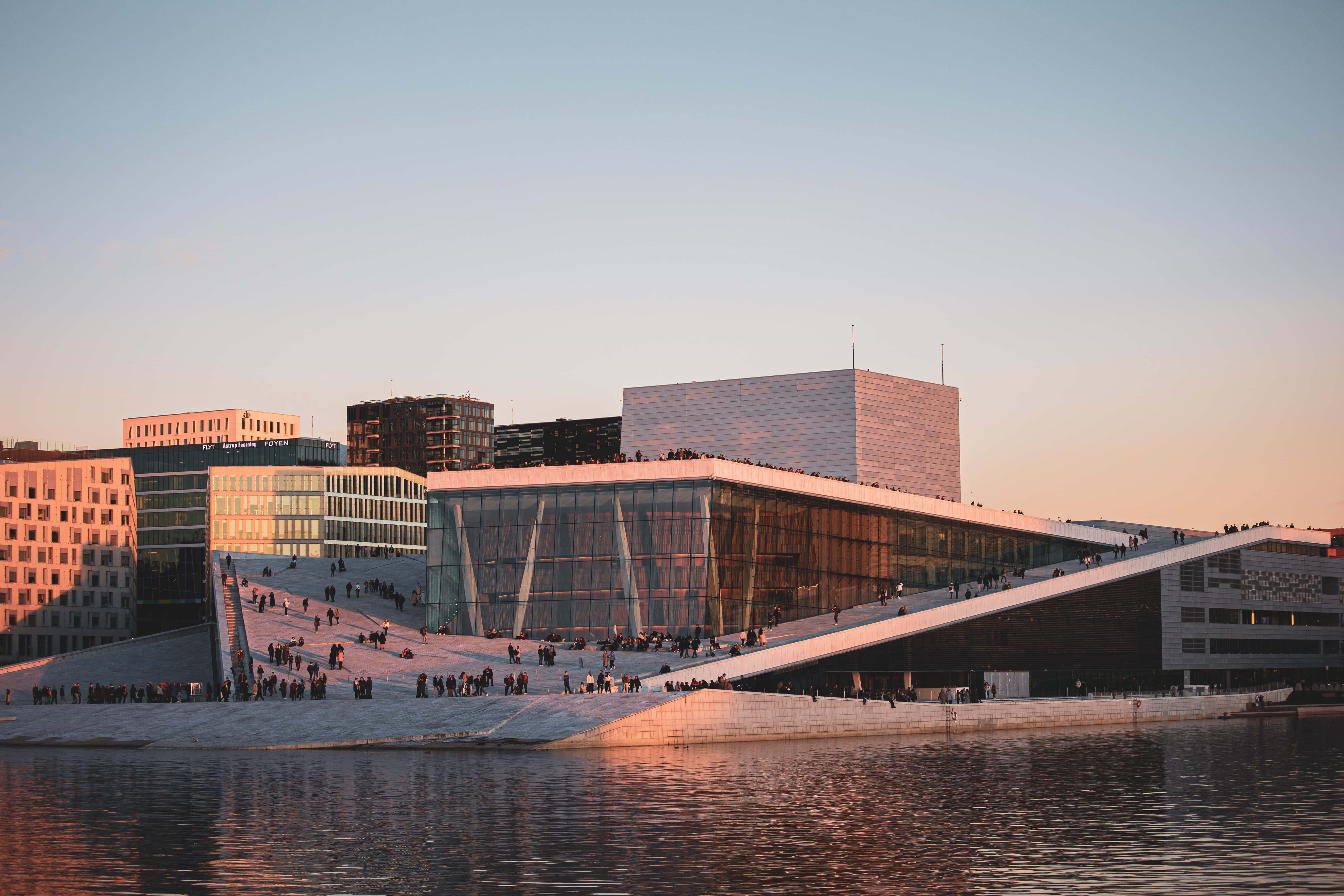 Oslo Opera House, sunset, sloped roof, 5K Desktop Wallpaper