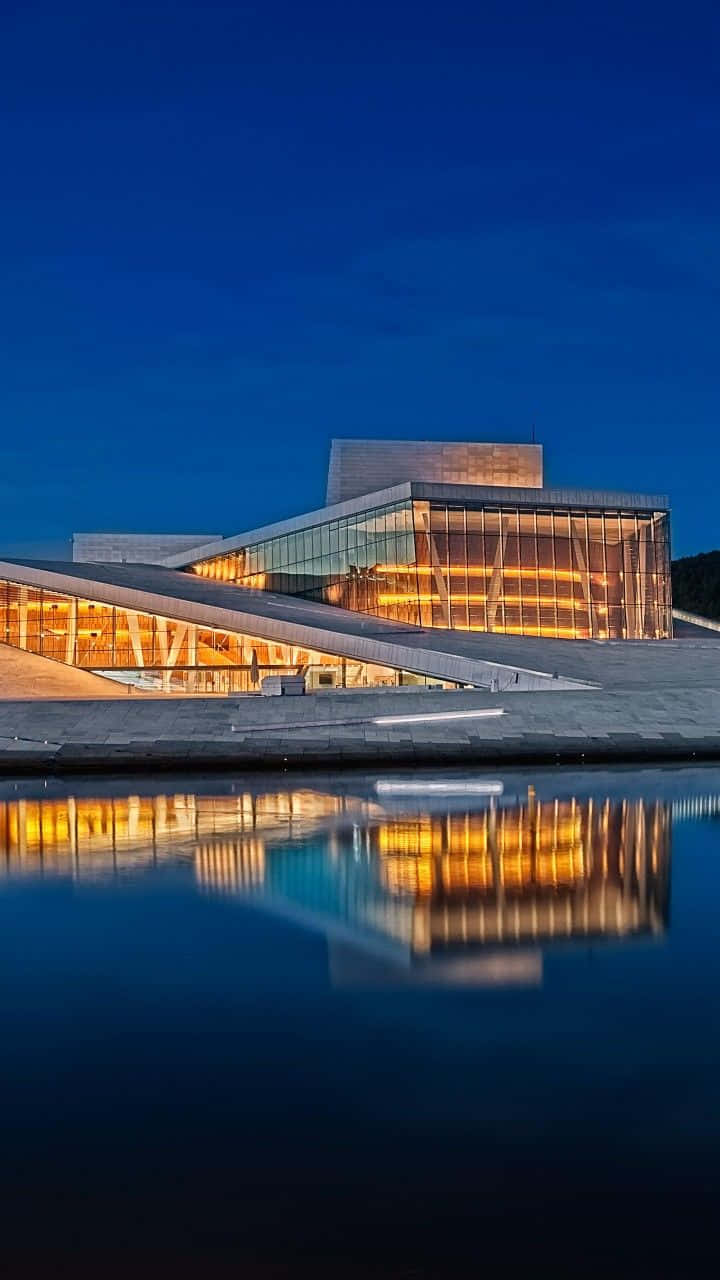 Oslo Opera House, night reflection, glowing warm lights, HD Phone Wallpaper