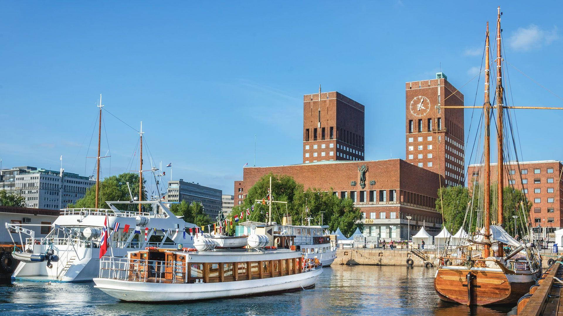 Oslo, boat docks, historic brick buildings, Full HD Desktop Wallpaper