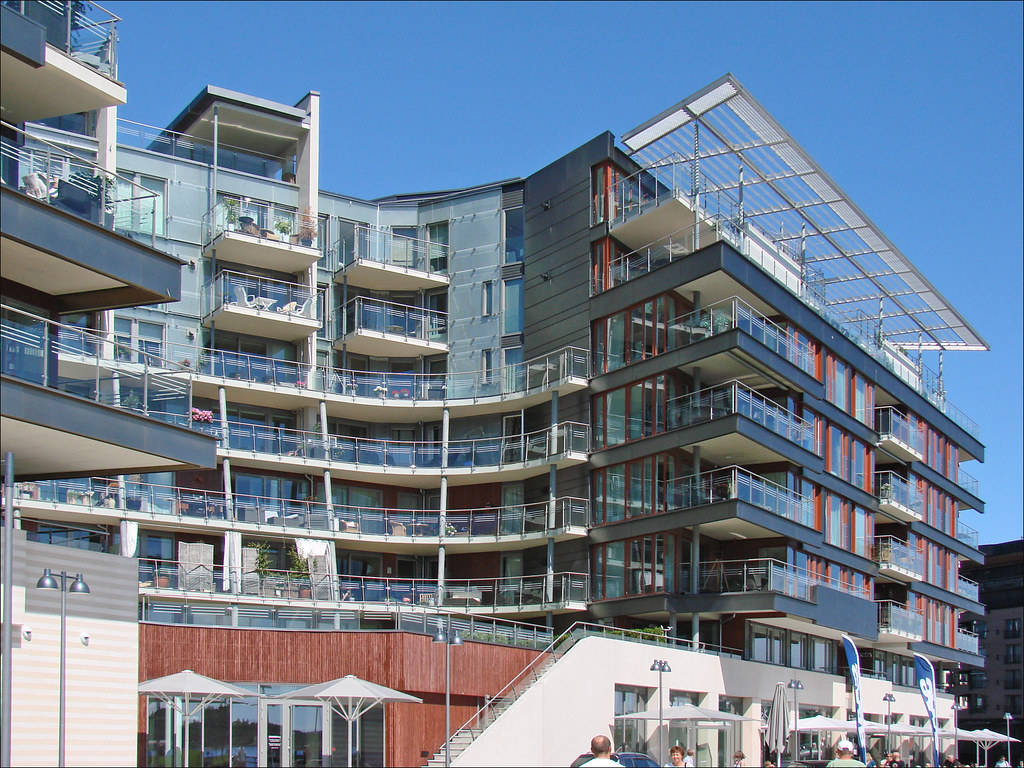 Oslo, curved building, glass and steel apartment building, SD Desktop Wallpaper