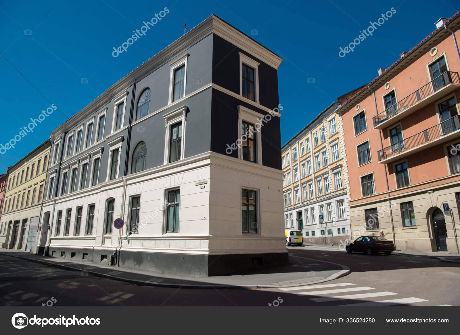 Oslo, black gray and white facade, clear blue sky, HD Desktop Wallpaper