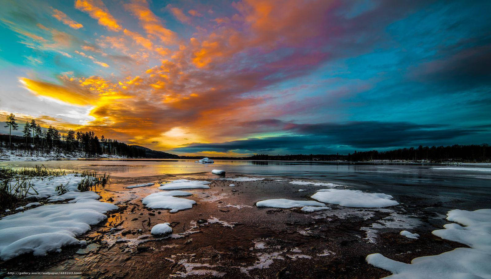 Oslo River, sunset, snow patches, HD Desktop Wallpaper