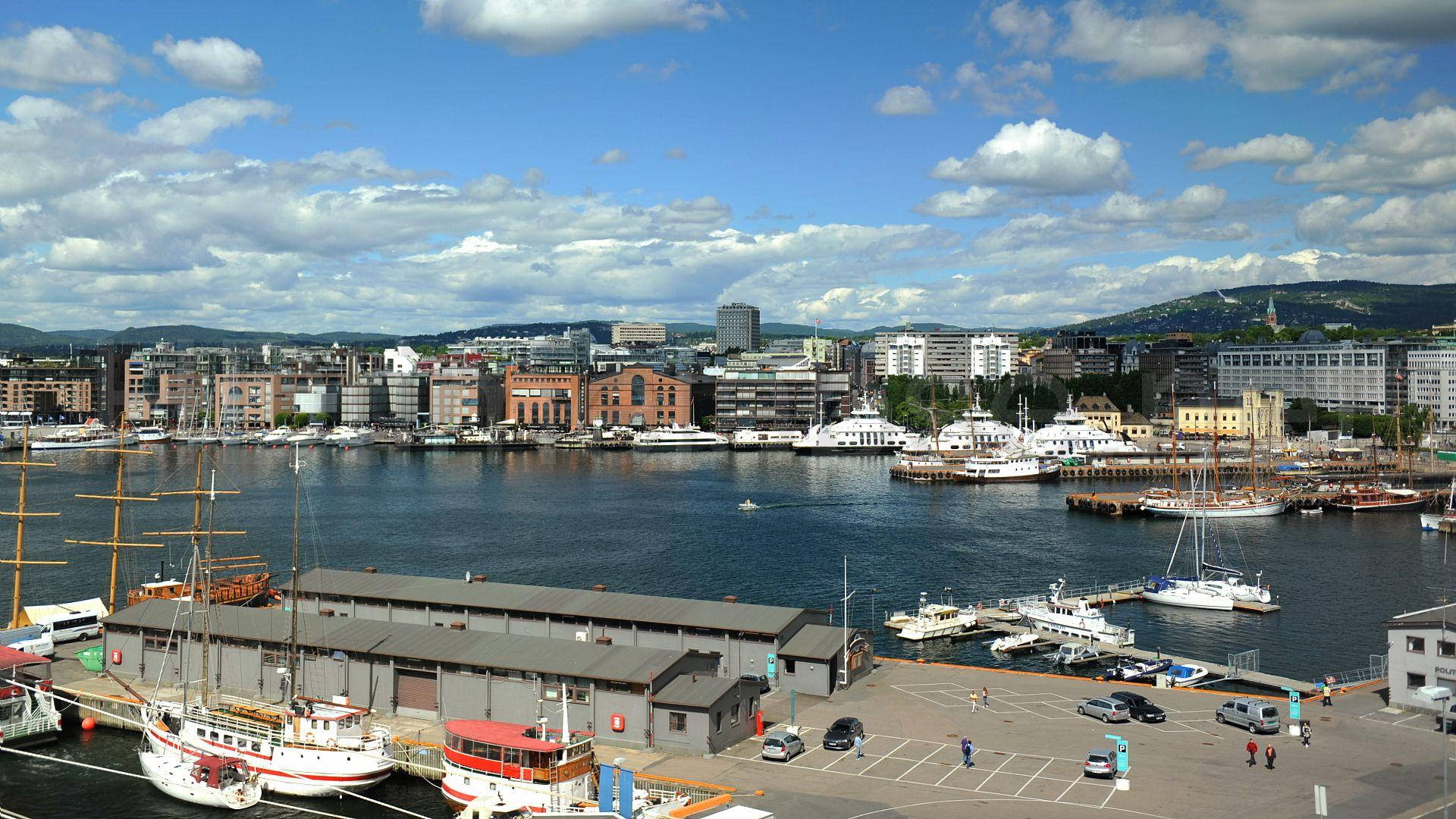 Oslo, small boat pier, harbor cityscape, Full HD Desktop Wallpaper