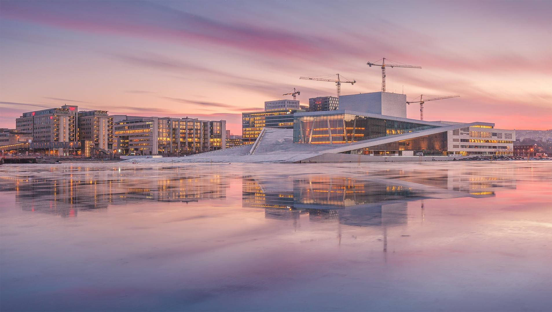 Oslo, sunset, pink and purple twilight sky, HD Desktop Wallpaper