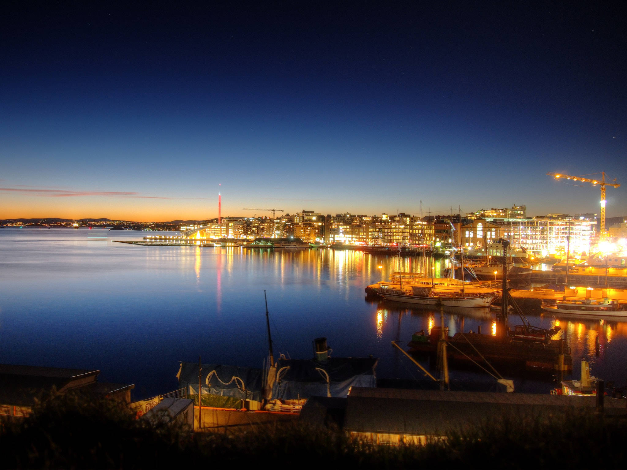 Oslo, twilight harbor, glowing city lights, Full HD Desktop Wallpaper