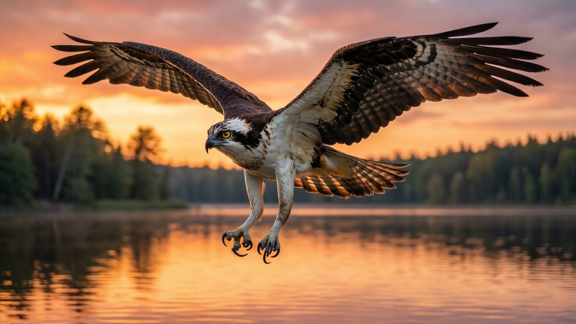 Osprey, golden hour, lake, Full HD Desktop Wallpaper