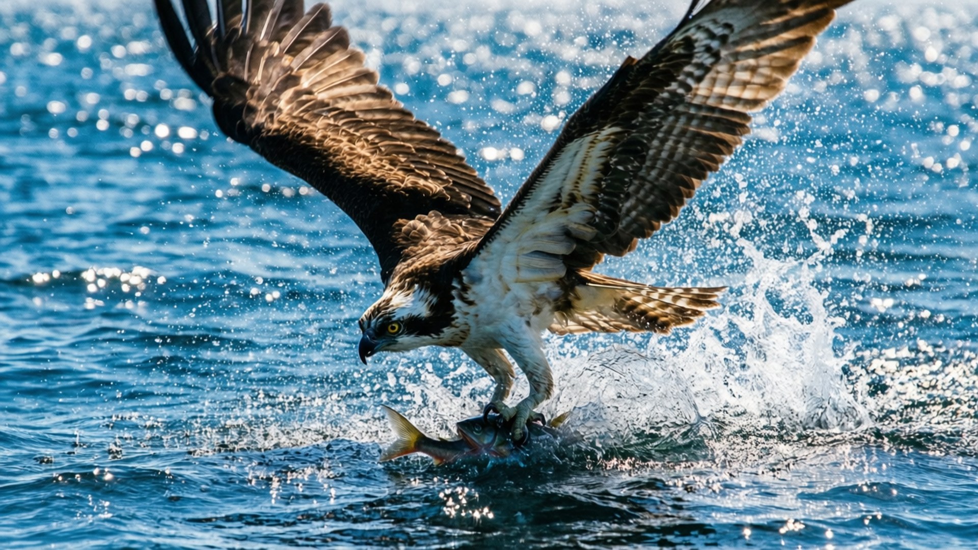 Osprey, diving catch, sparkling blue water, Full HD Desktop Wallpaper