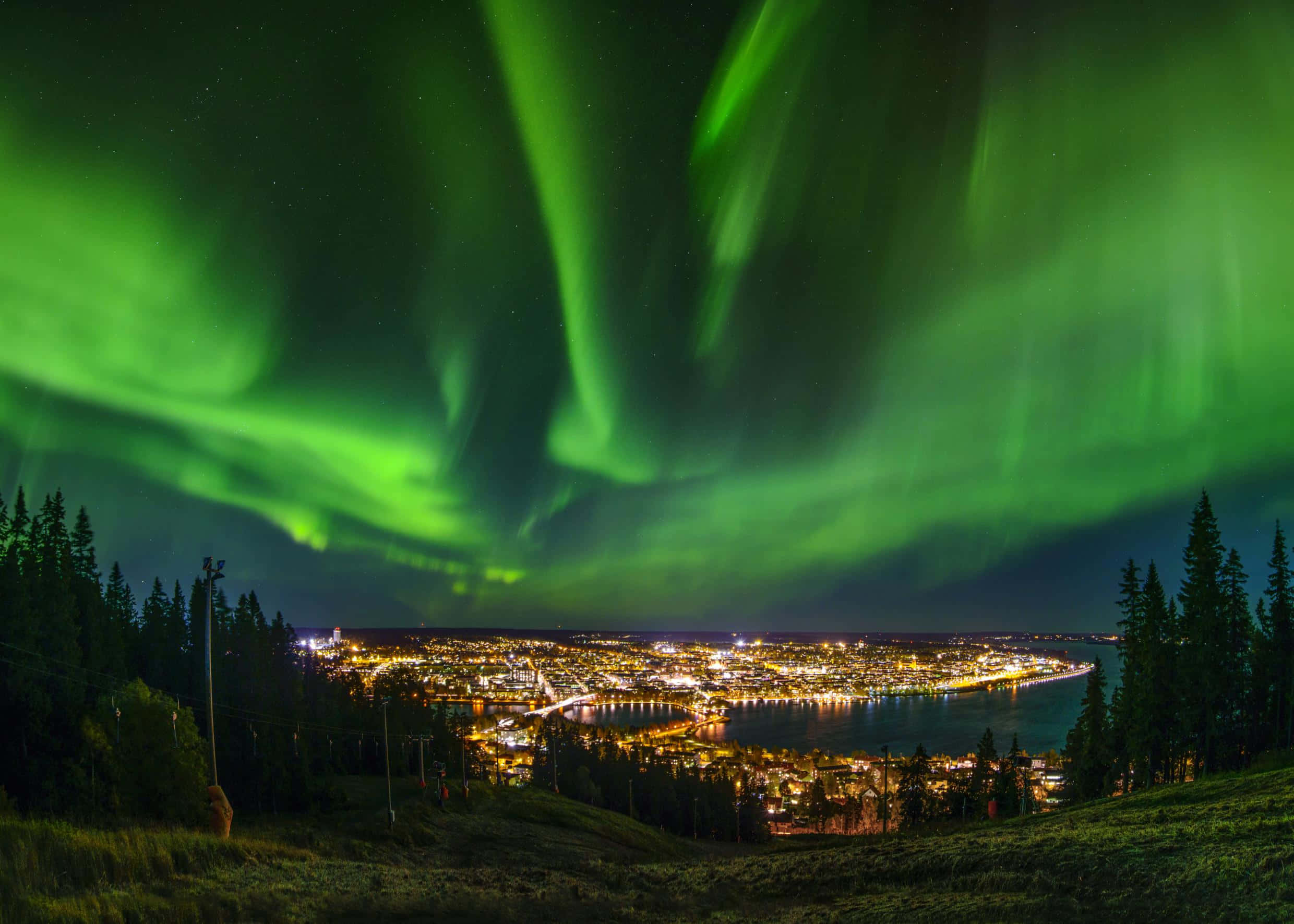Östersund, northern lights, cityscape, Full HD Desktop Wallpaper