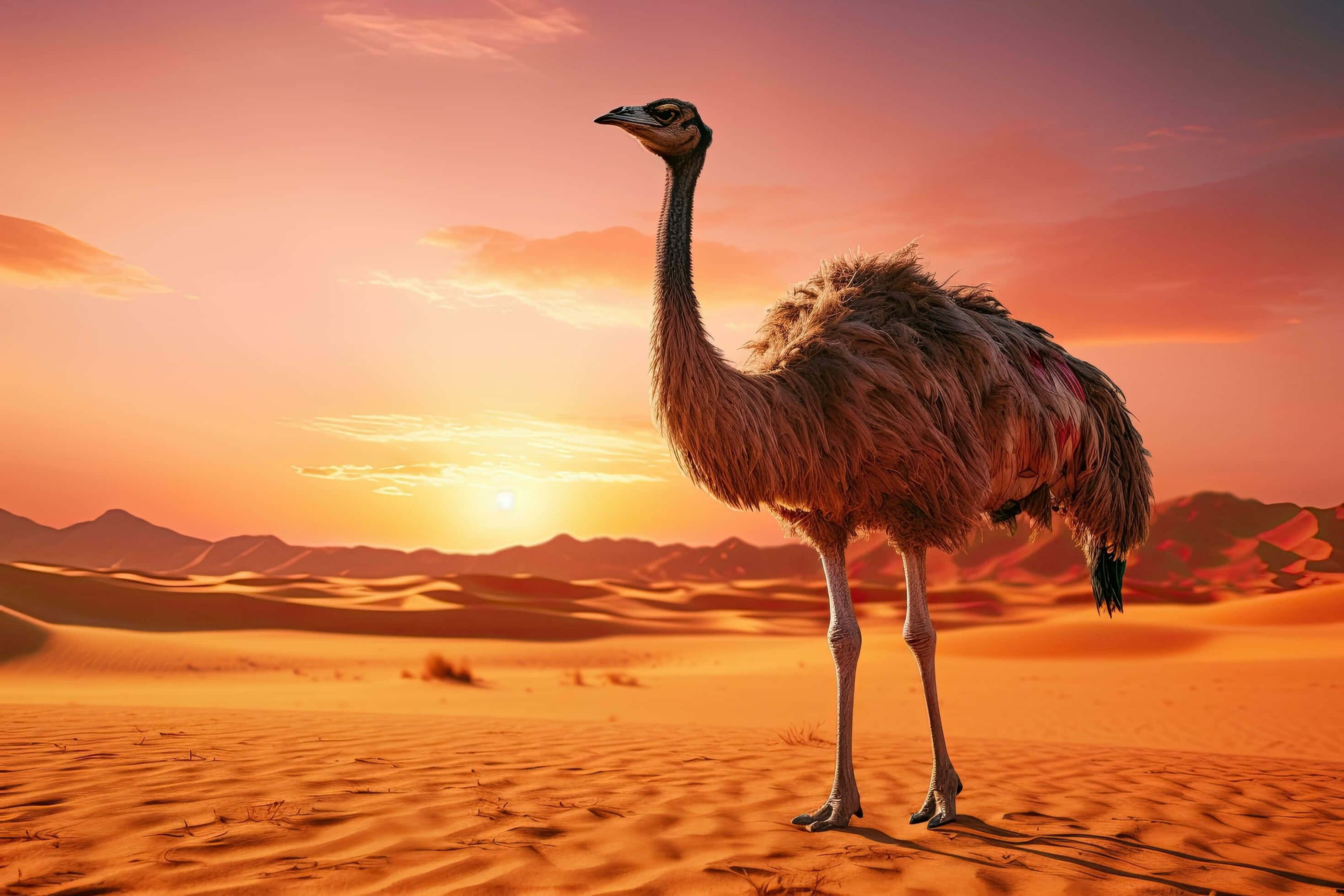 Ostrich, desert, sunset, 2K Desktop Wallpaper