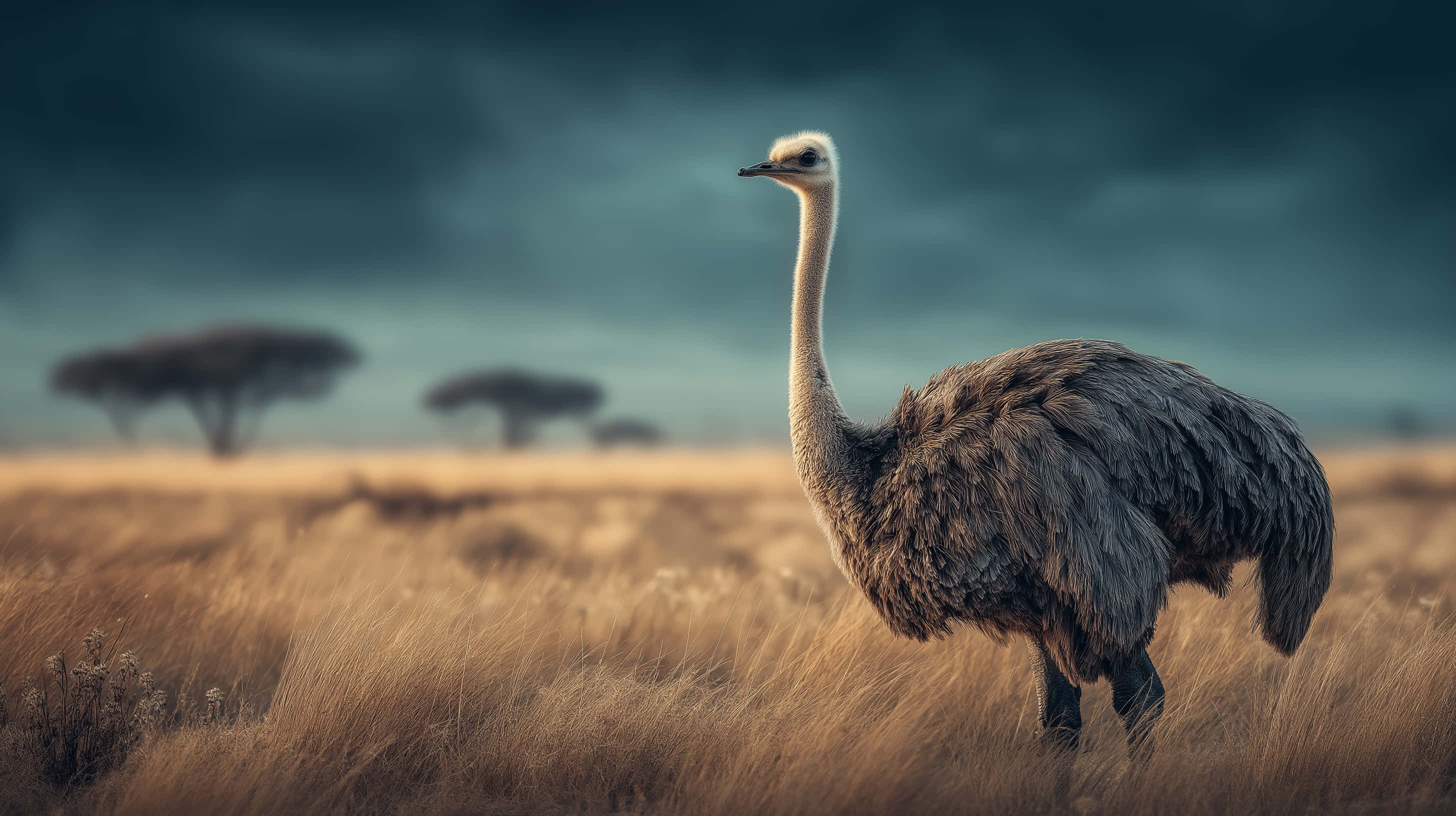 ostrich, golden grassy savannah, moody teal sky, 2K Desktop Wallpaper