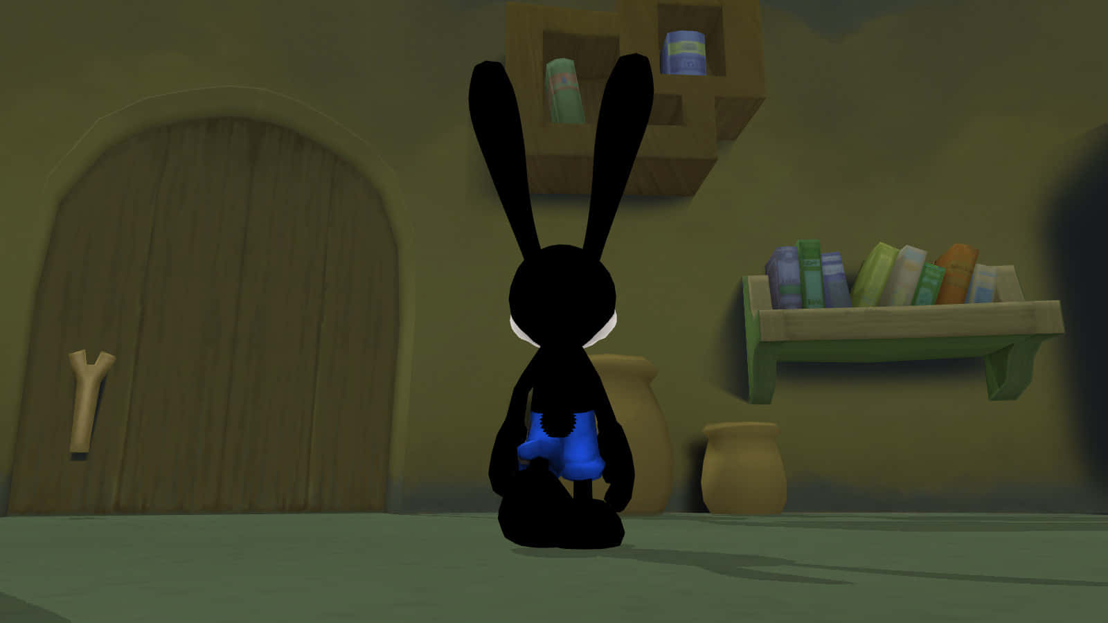 Oswald the lucky rabbit, wooden door, dimly lit stone room, HD Desktop Wallpaper