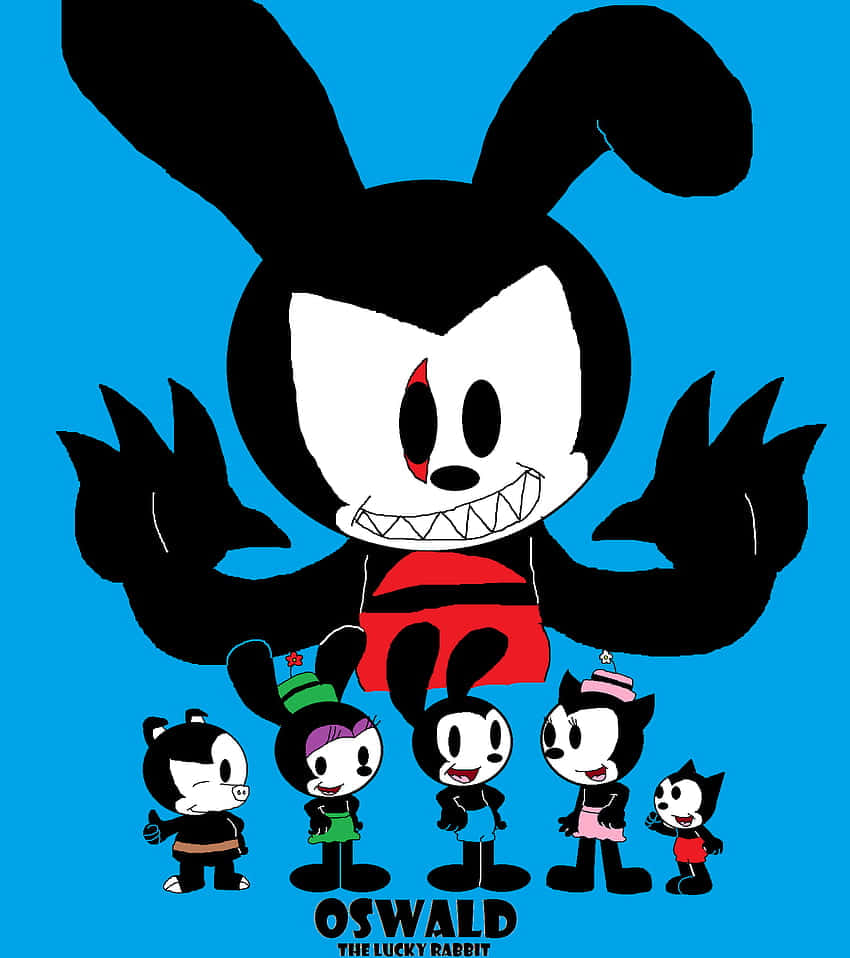 Oswald the Lucky Rabbit, red shorts, five smaller cartoon characters, SD Phone Wallpaper