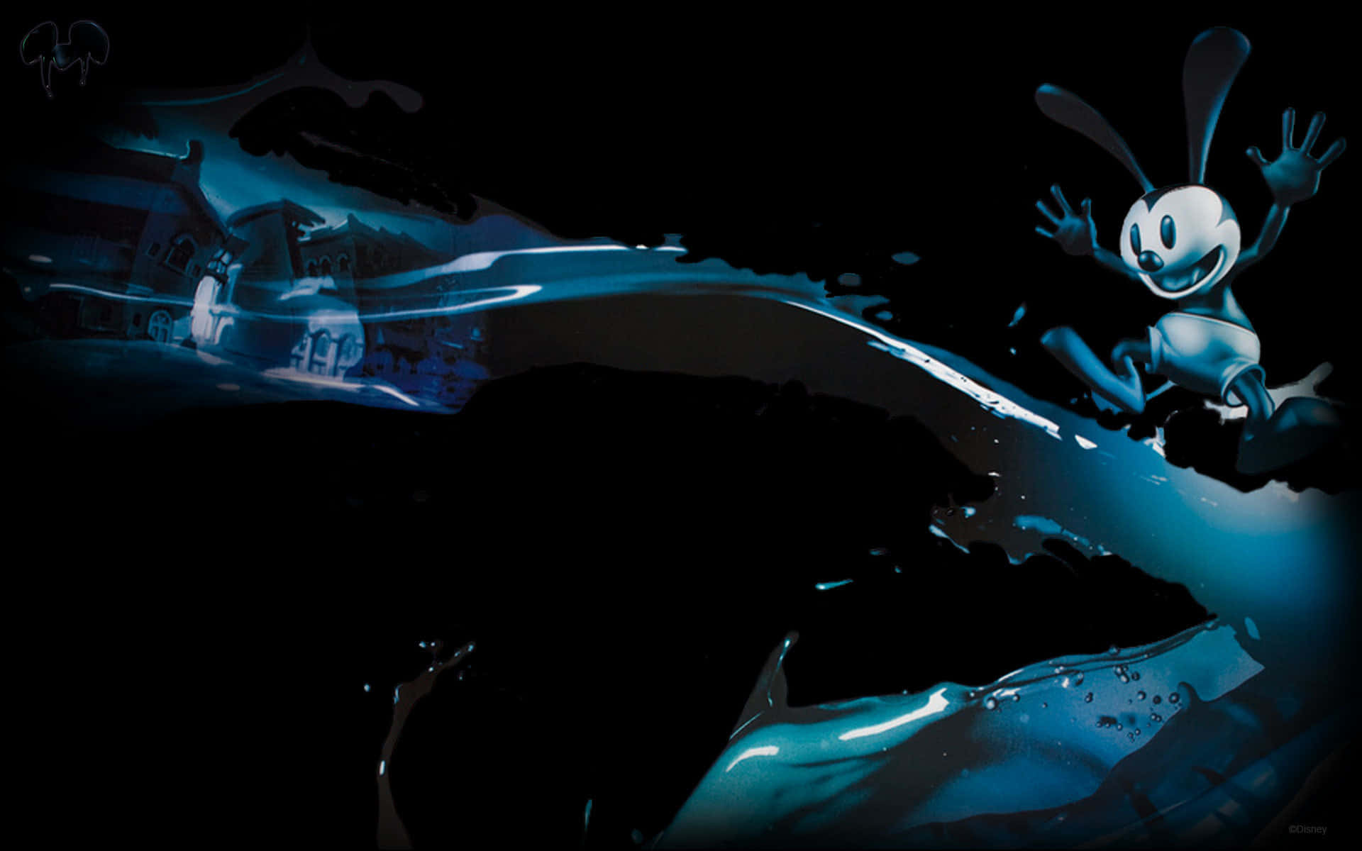 Oswald the lucky rabbit, glossy blue liquid wave, black background, Full HD Desktop Wallpaper