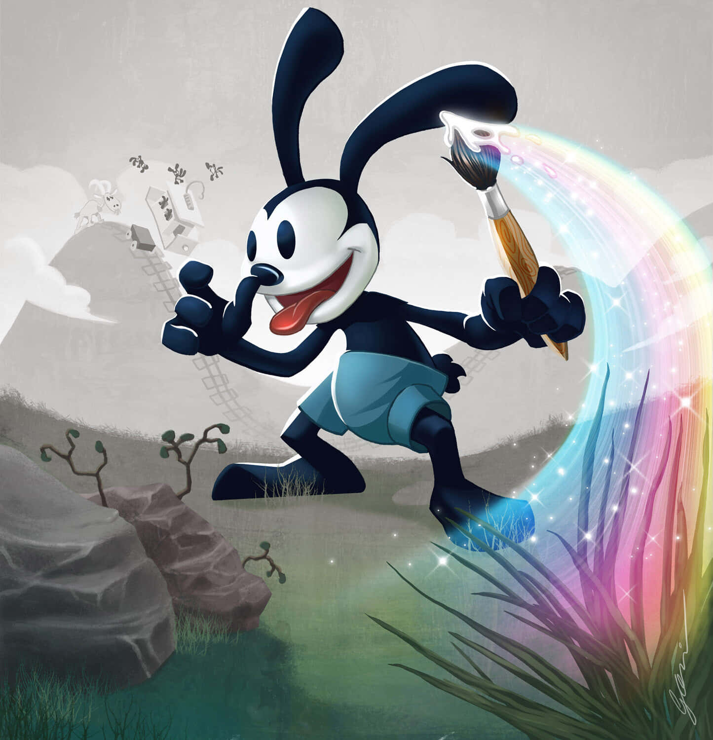 Oswald the Lucky Rabbit, magic brush, vibrant rainbow, HD Phone Wallpaper