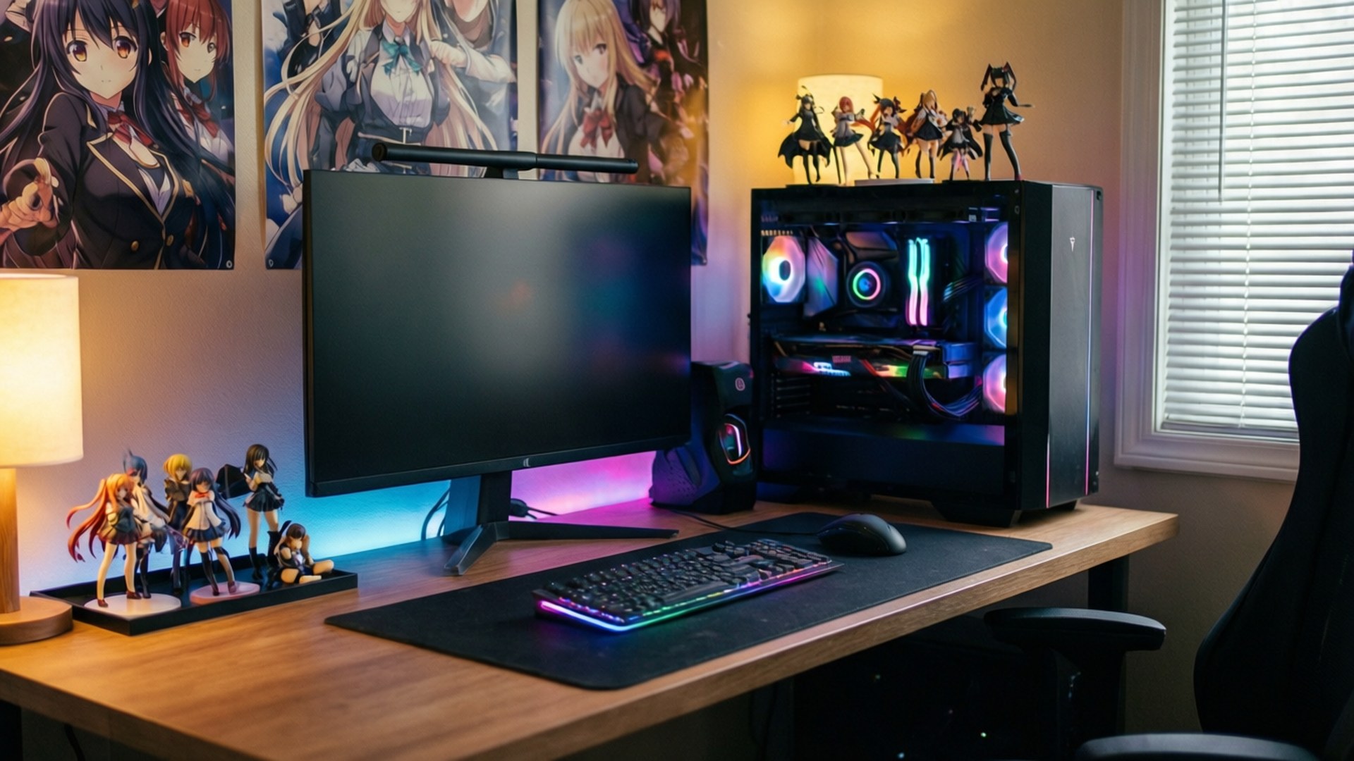 Gaming Otaku Desk, RGB lights, anime decor, Full HD Desktop Wallpaper