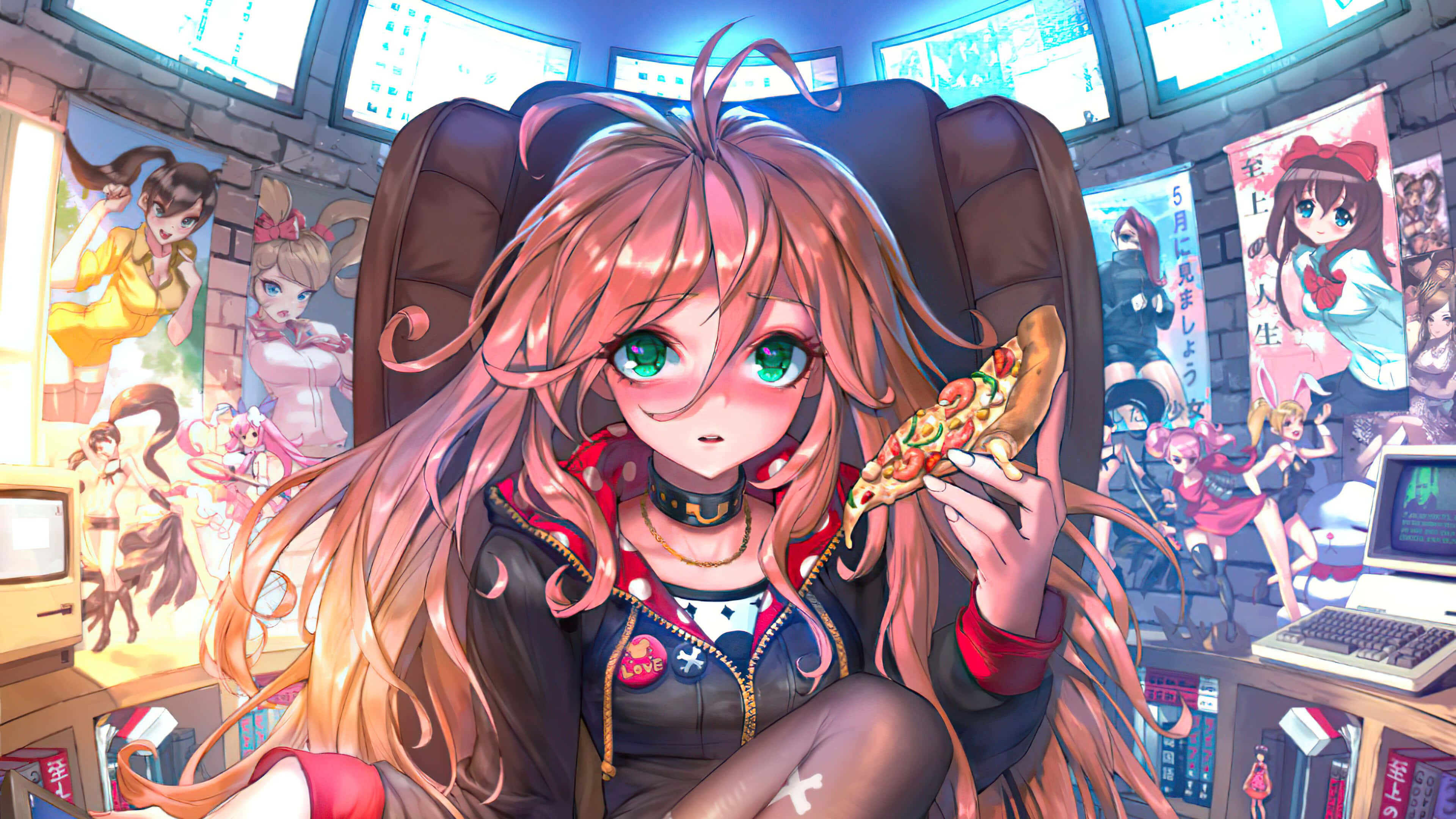 pink-haired anime girl, green eyes, gaming chair, 4K Desktop Wallpaper