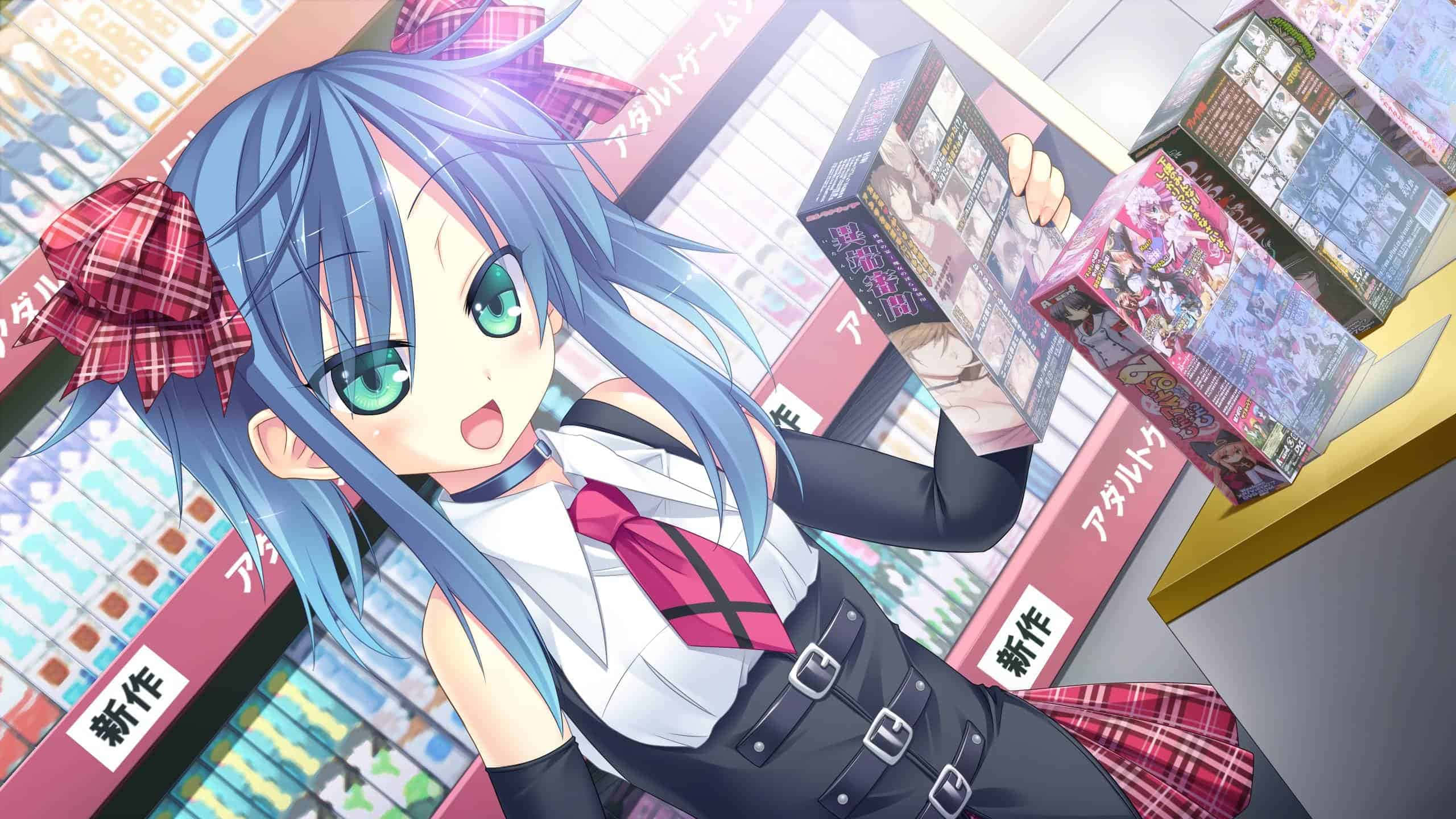 blue-haired anime girl, green eyes, red bow, 2K Desktop Wallpaper