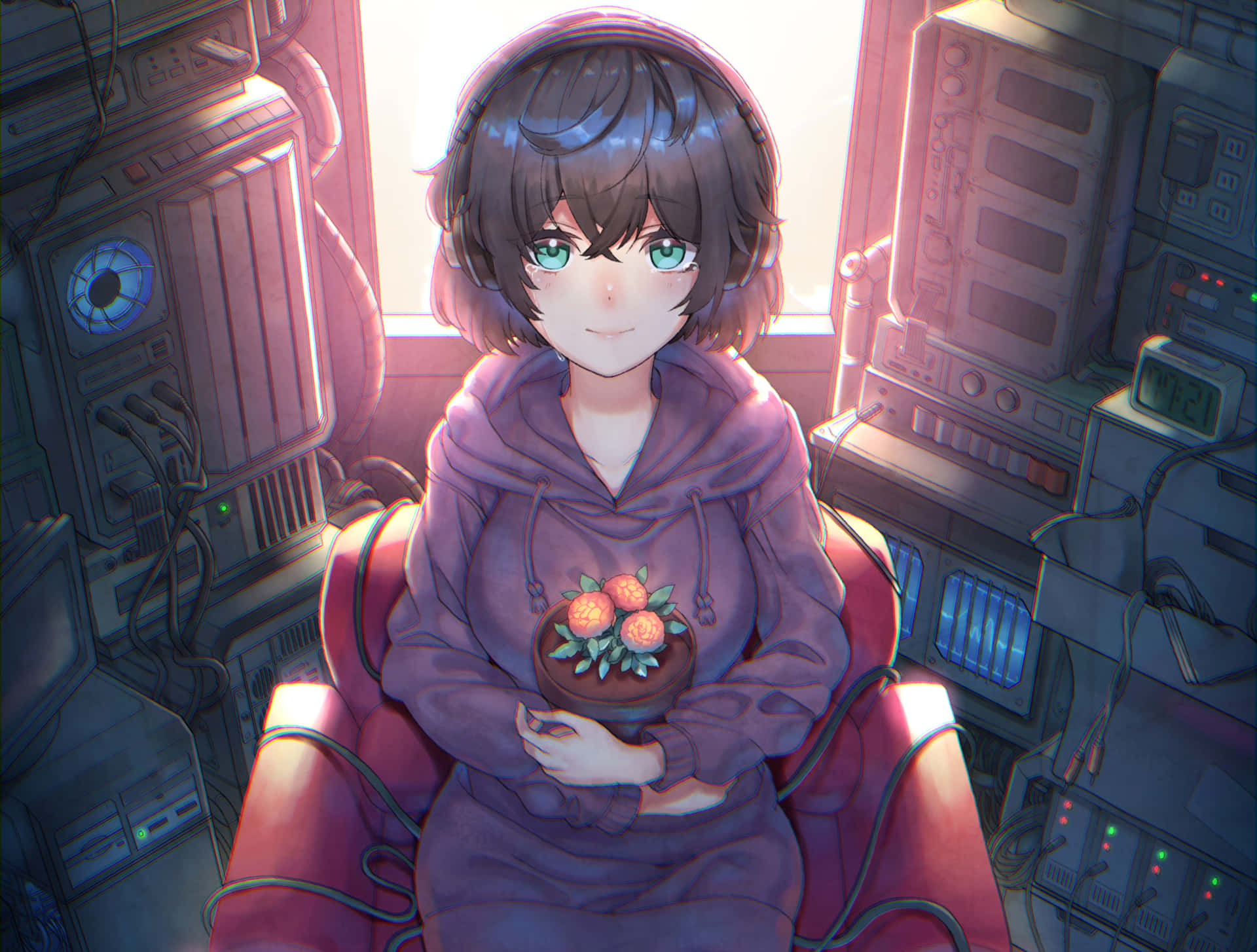 anime girl, spaceship cockpit, green eyes, Full HD Desktop Wallpaper