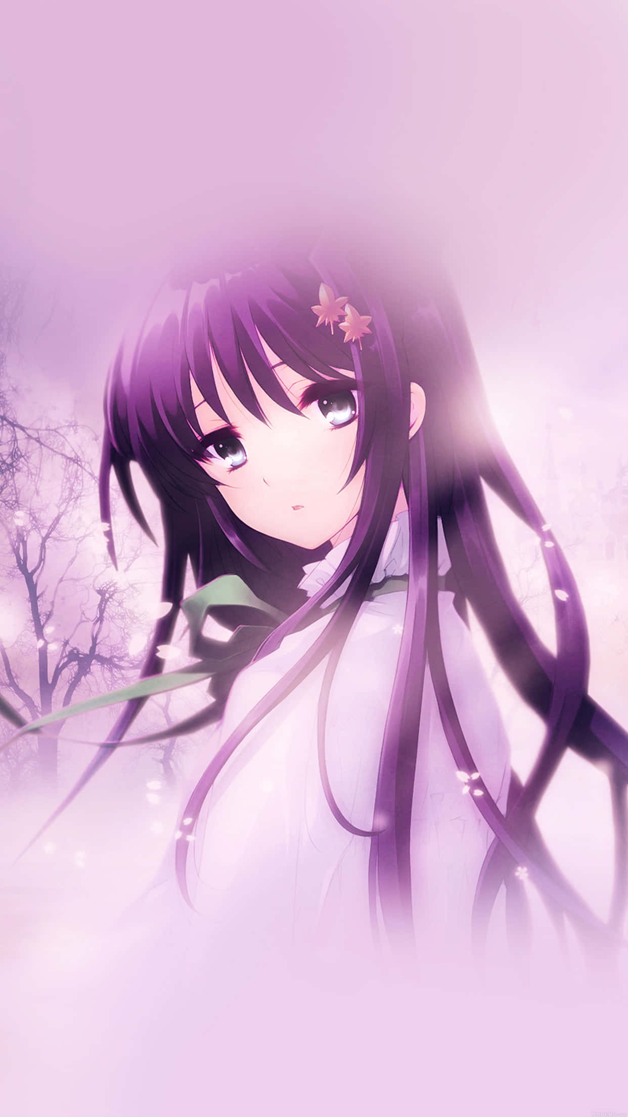 anime girl, long purple hair, pink flower hairpin, Full HD Phone Wallpaper