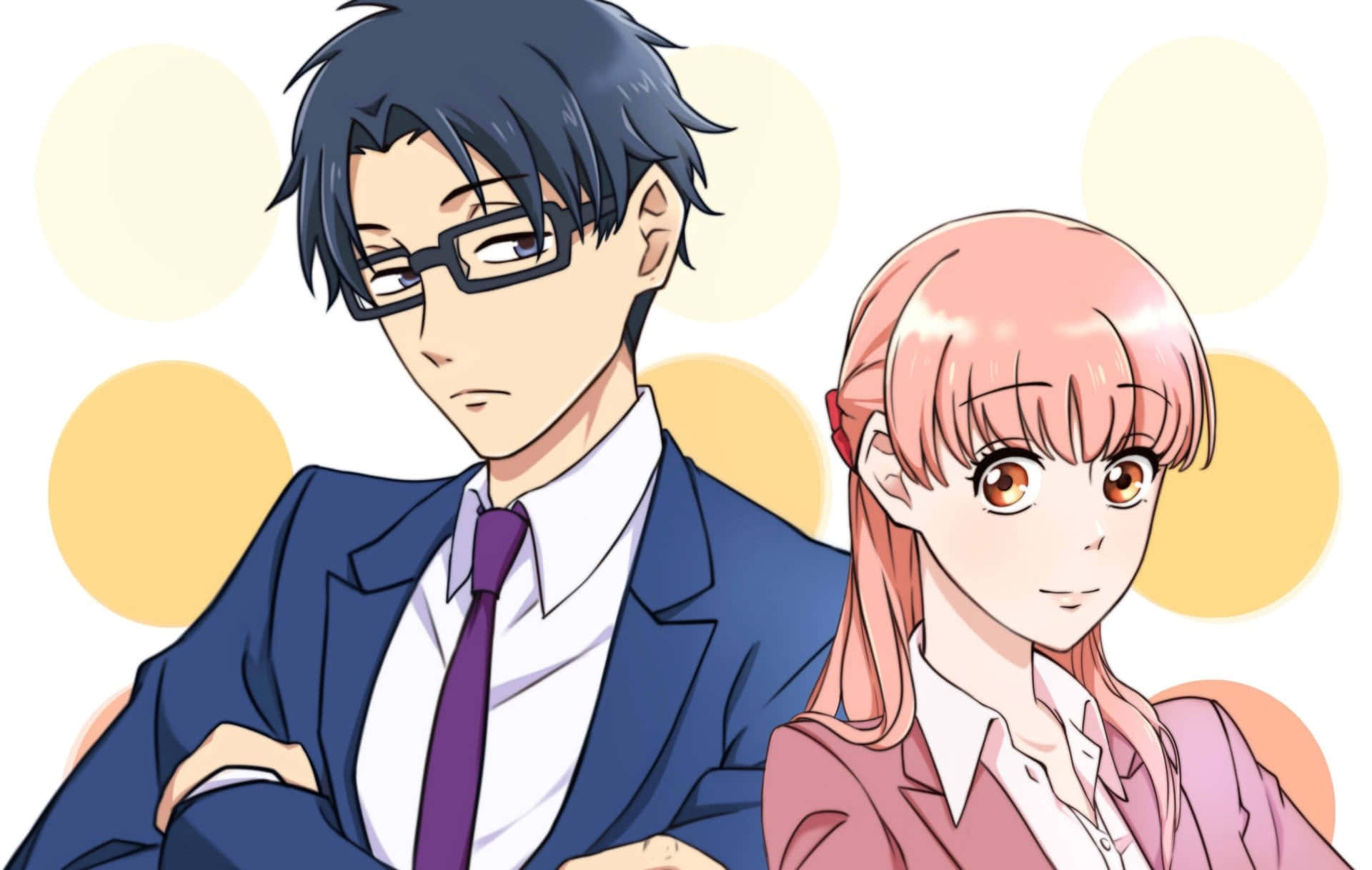 anime business duo, business attire, soft yellow polka dot background, Full HD Desktop Wallpaper